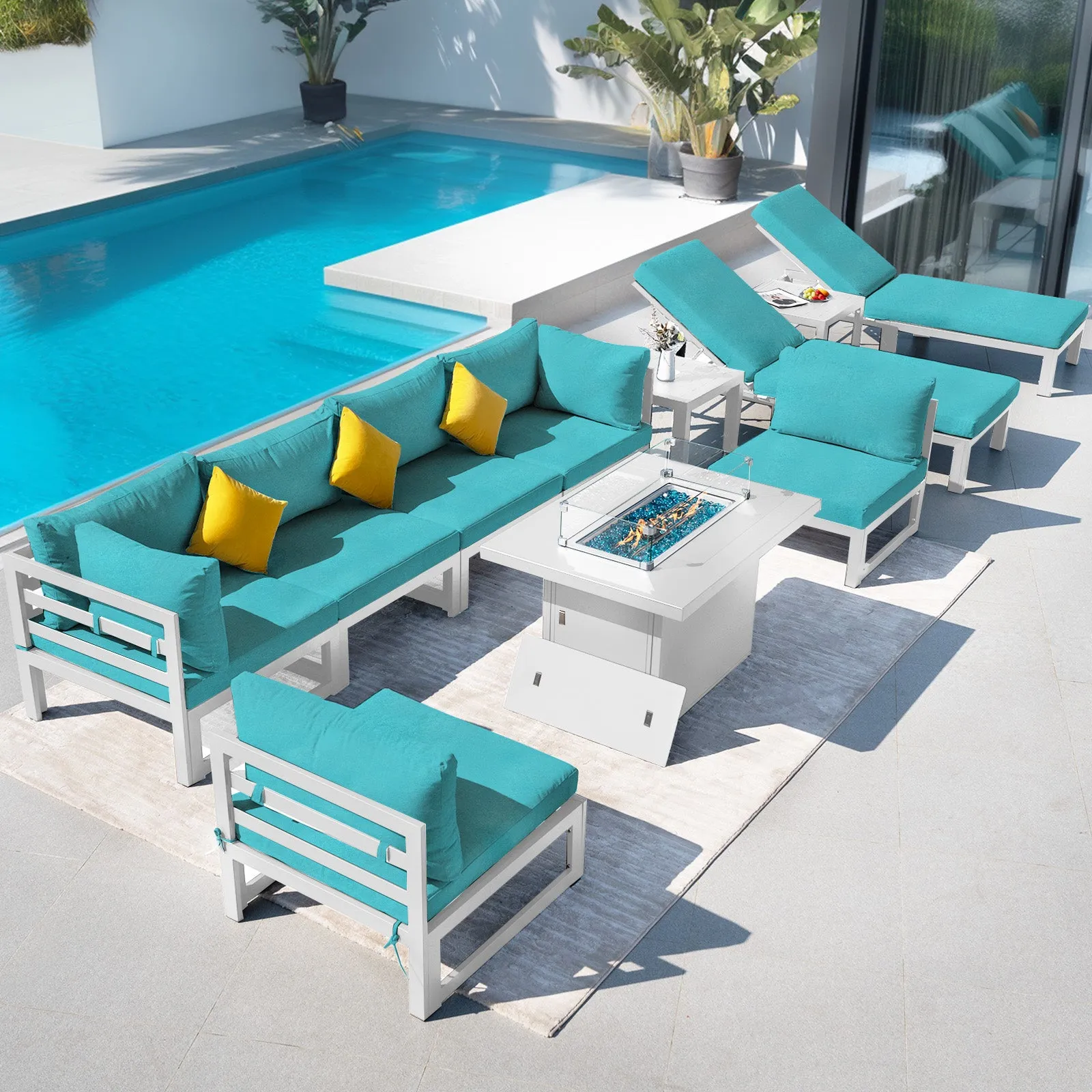 NICESOUL Aluminum Patio Sofa with Fire Pit, Chaise Lounge, Table 8 Seater 11-Piece