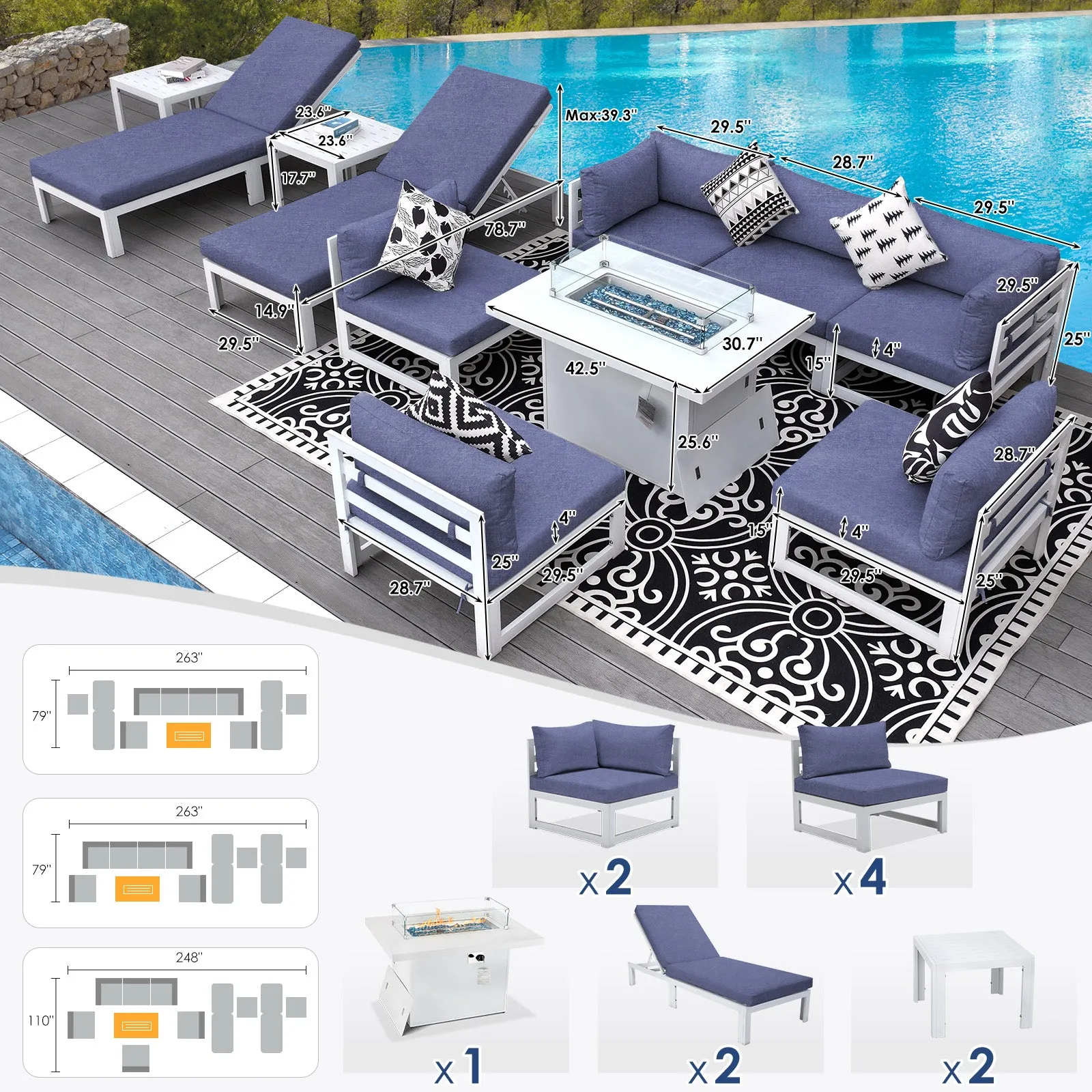 NICESOUL Aluminum Patio Sofa with Fire Pit, Chaise Lounge, Table 8 Seater 11-Piece