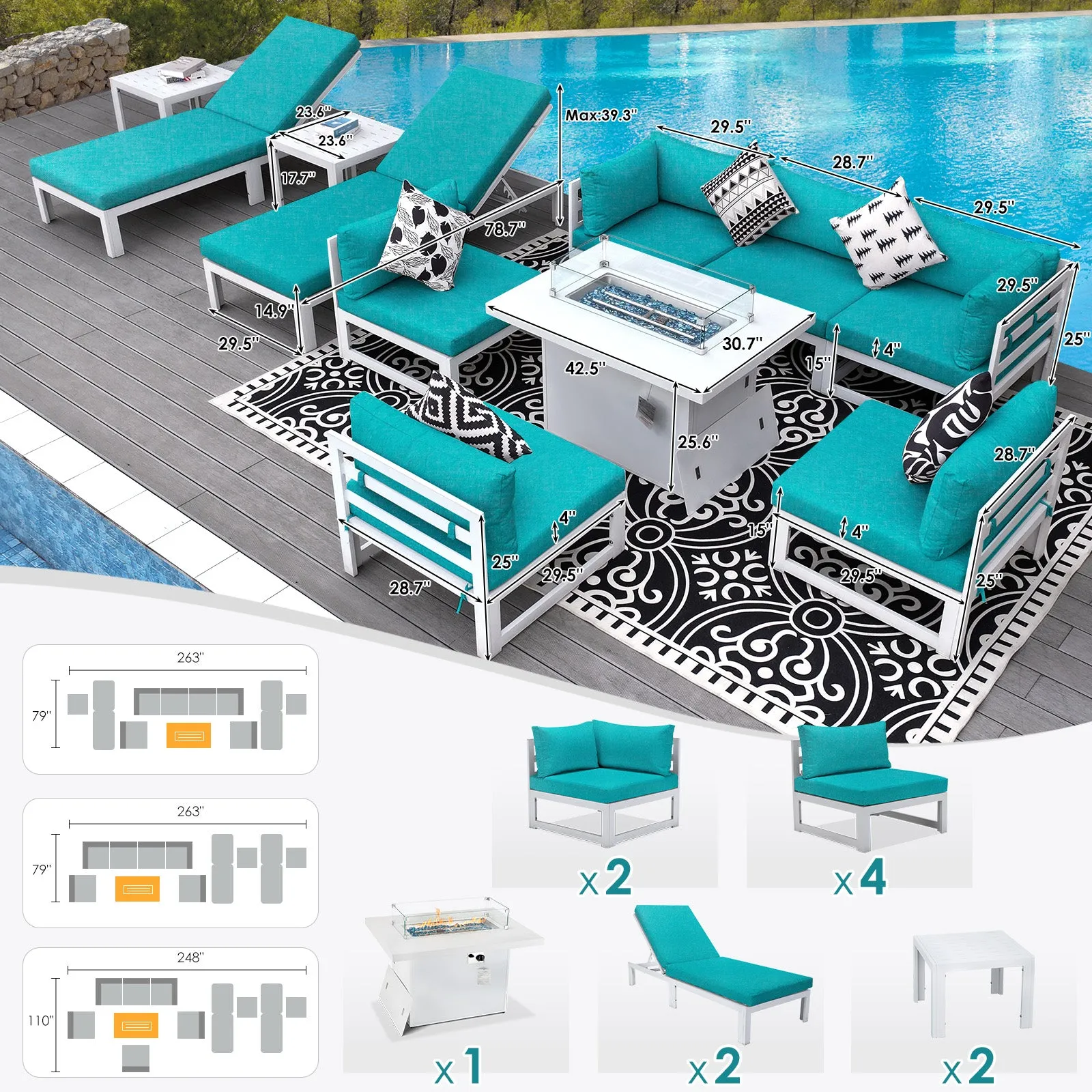 NICESOUL Aluminum Patio Sofa with Fire Pit, Chaise Lounge, Table 8 Seater 11-Piece