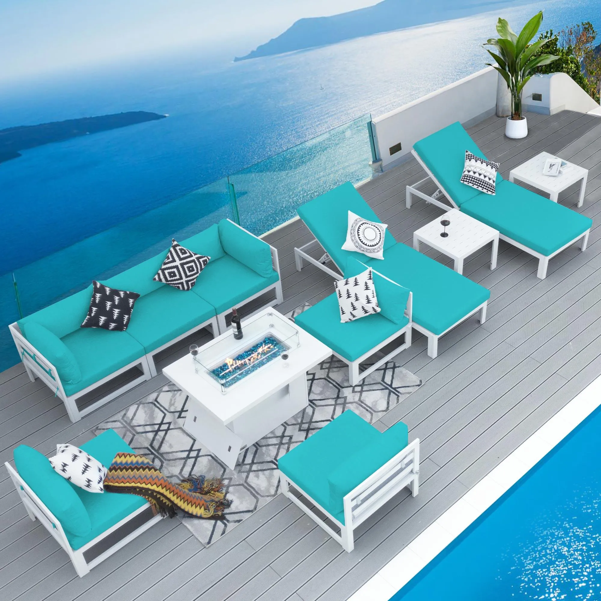 NICESOUL Aluminum Patio Sofa with Fire Pit, Chaise Lounge, Table 8 Seater 11-Piece