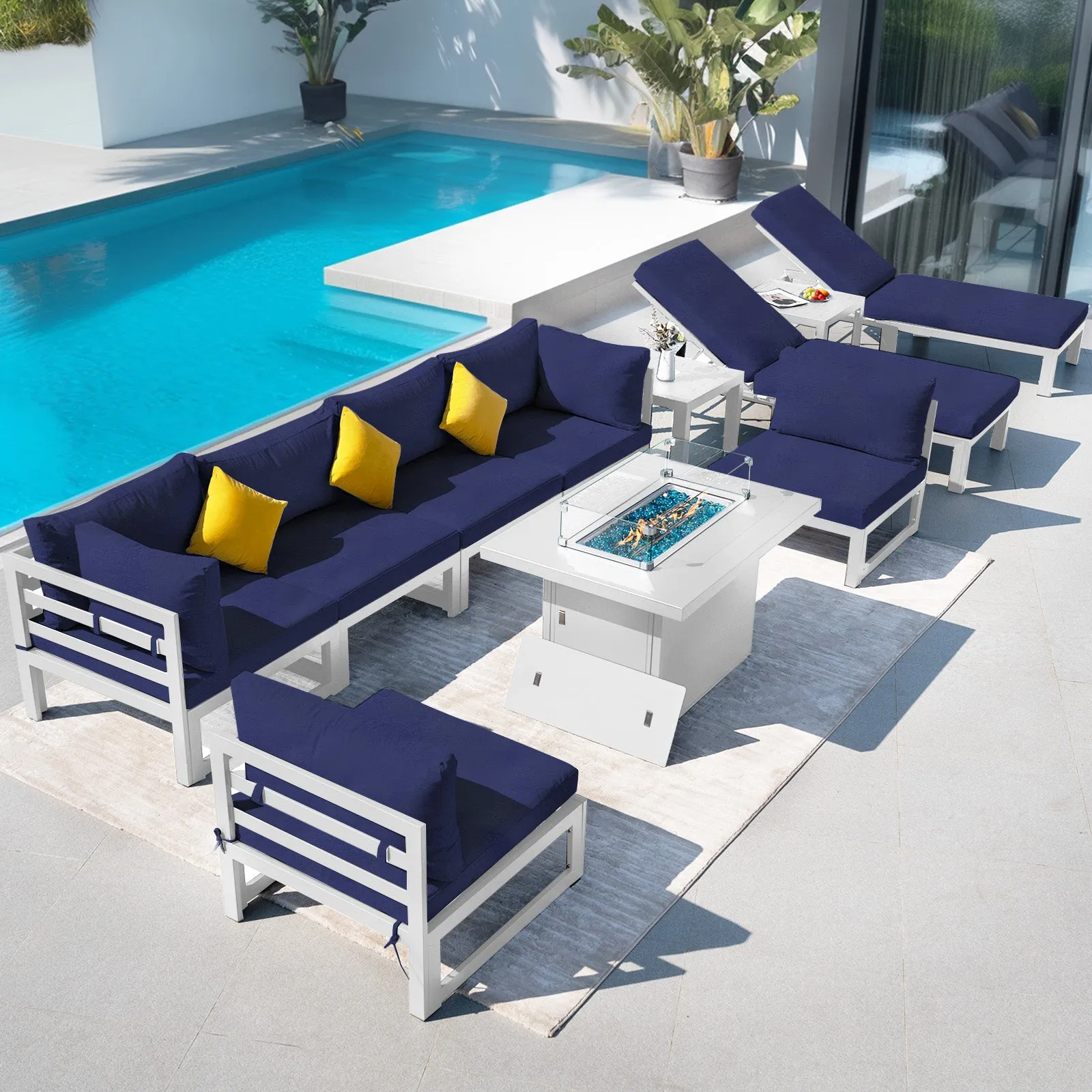 NICESOUL Aluminum Patio Sofa with Fire Pit, Chaise Lounge, Table 8 Seater 11-Piece