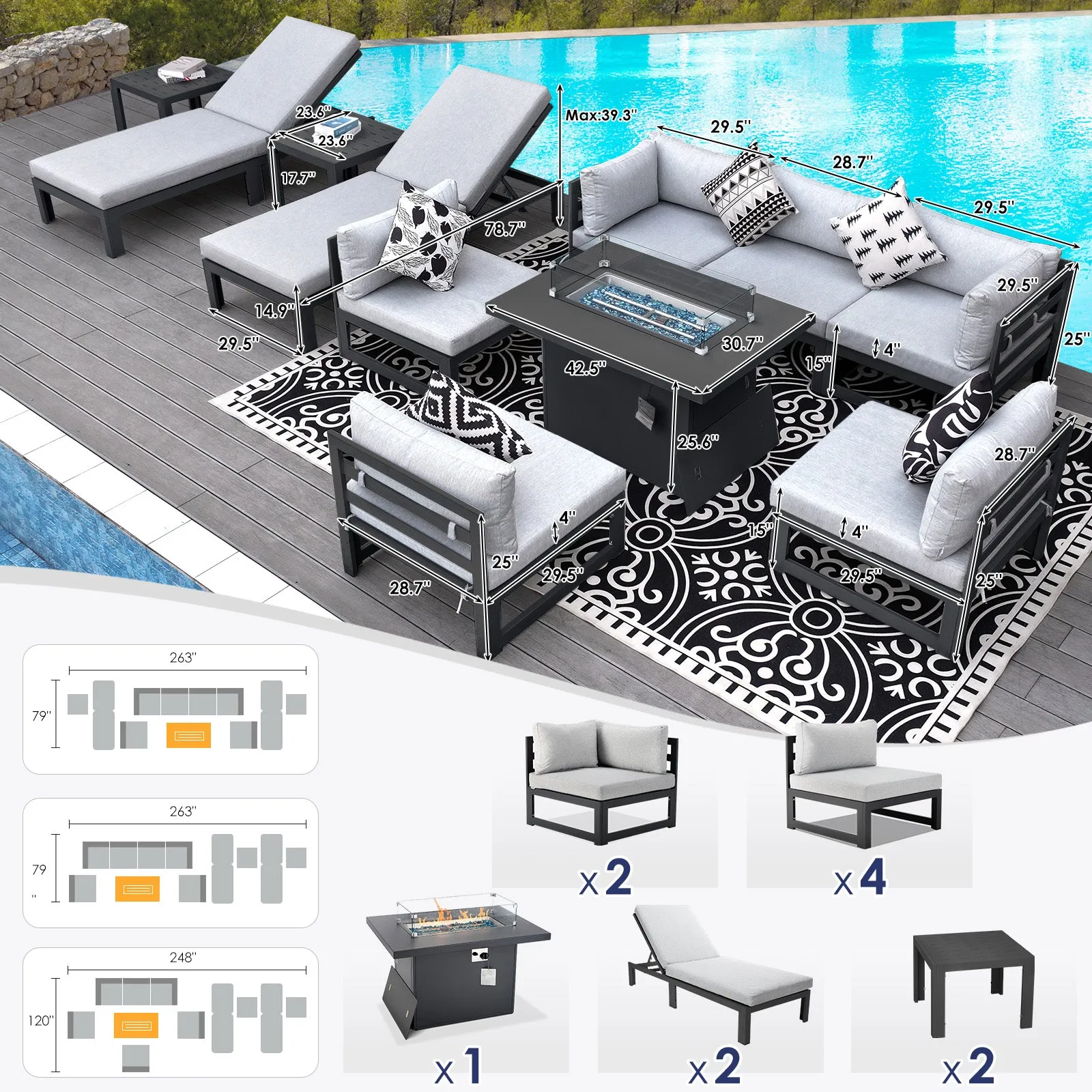 NICESOUL Aluminum Patio Sofa with Fire Pit, Chaise Lounge, Table 8 Seater 11-Piece