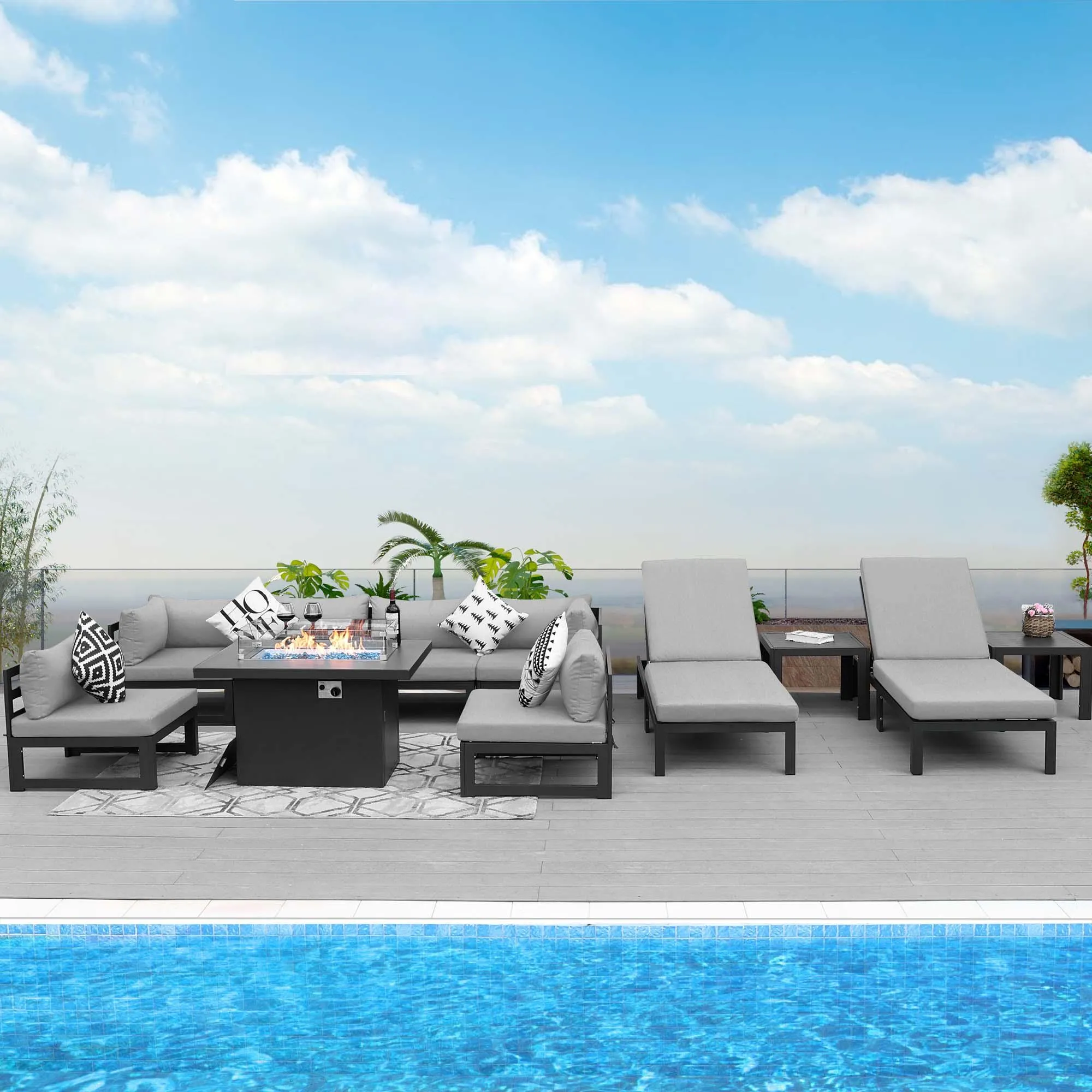 NICESOUL Aluminum Patio Sofa with Fire Pit, Chaise Lounge, Table 8 Seater 11-Piece