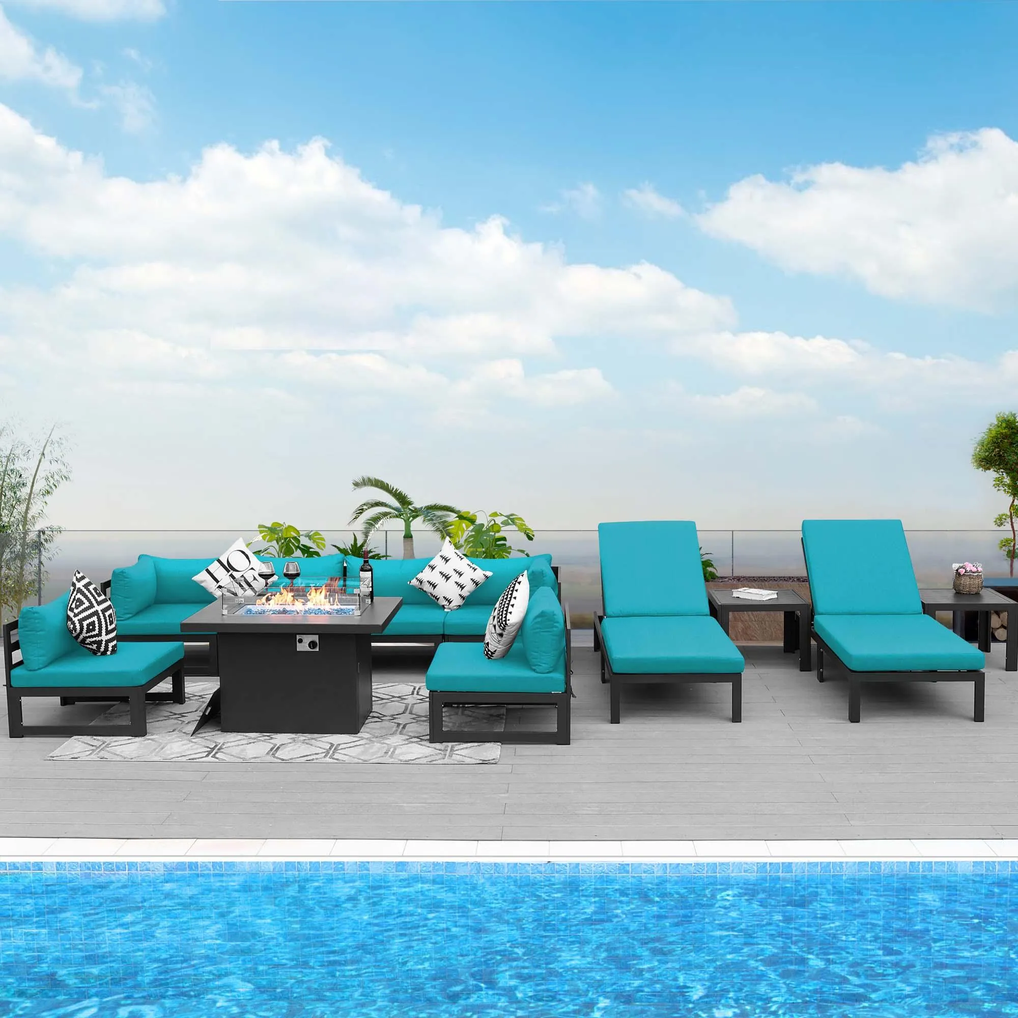 NICESOUL Aluminum Patio Sofa with Fire Pit, Chaise Lounge, Table 8 Seater 11-Piece