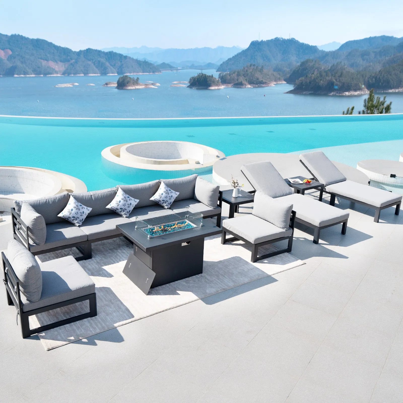 NICESOUL Aluminum Patio Sofa with Fire Pit, Chaise Lounge, Table 8 Seater 11-Piece