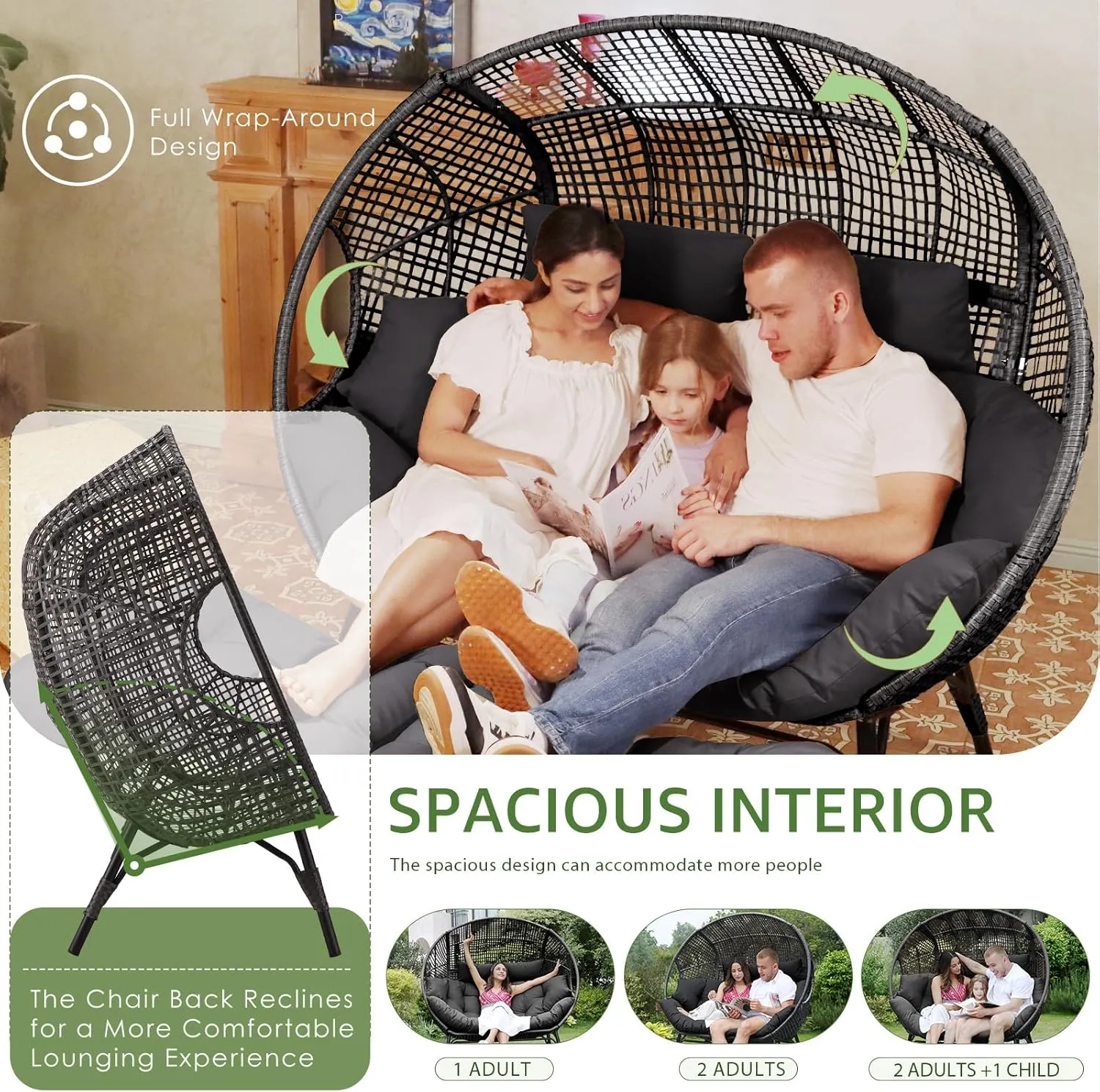 NICESOUL Indoor Outdoor Double Egg Chair with Footrest Padded Cushion, Oversized Wicker Twin Egg Shaped Chair Wide Seater with Ottoman, 2 People Loveseat Gray for Patio Porch Balcony