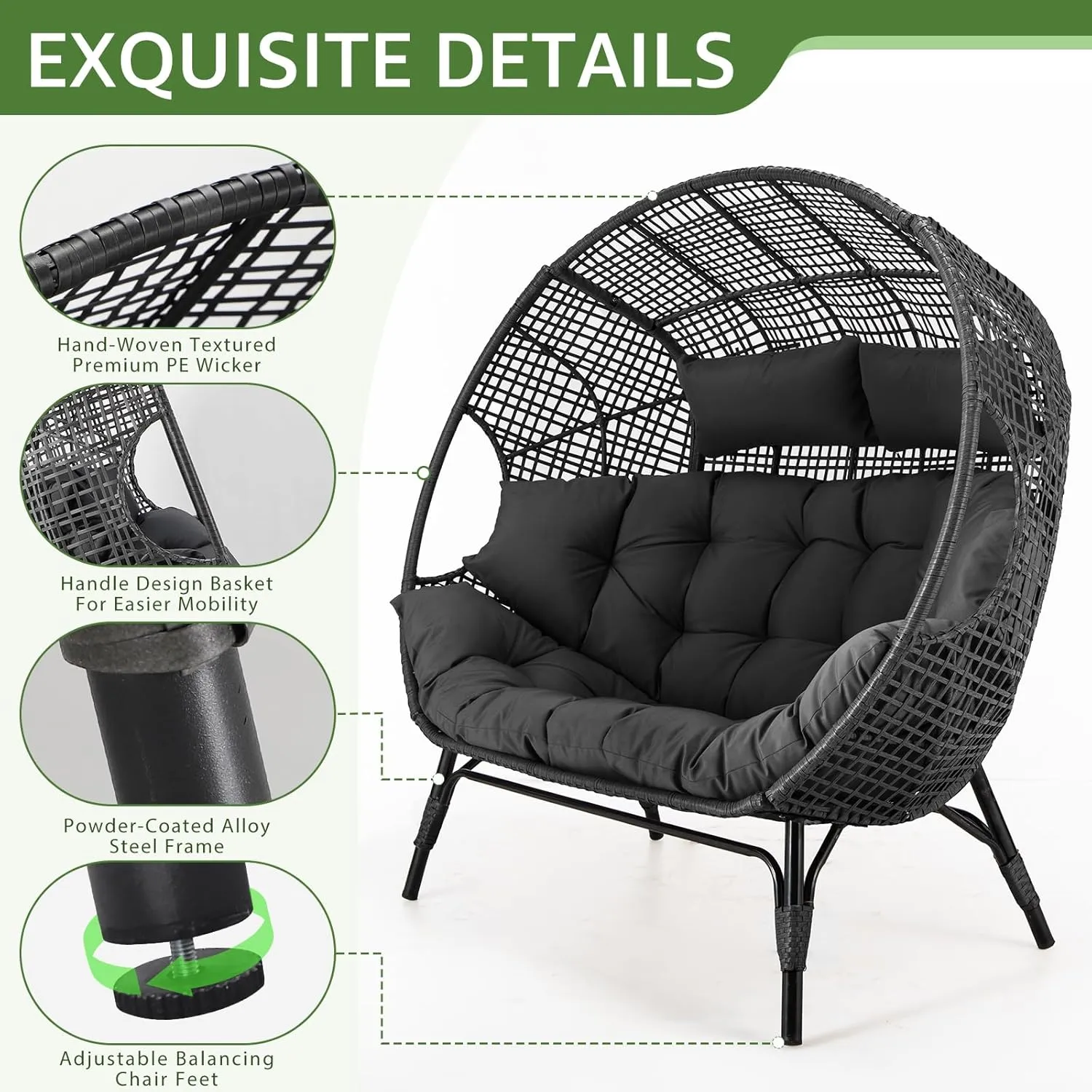 NICESOUL Indoor Outdoor Double Egg Chair with Footrest Padded Cushion, Oversized Wicker Twin Egg Shaped Chair Wide Seater with Ottoman, 2 People Loveseat Gray for Patio Porch Balcony