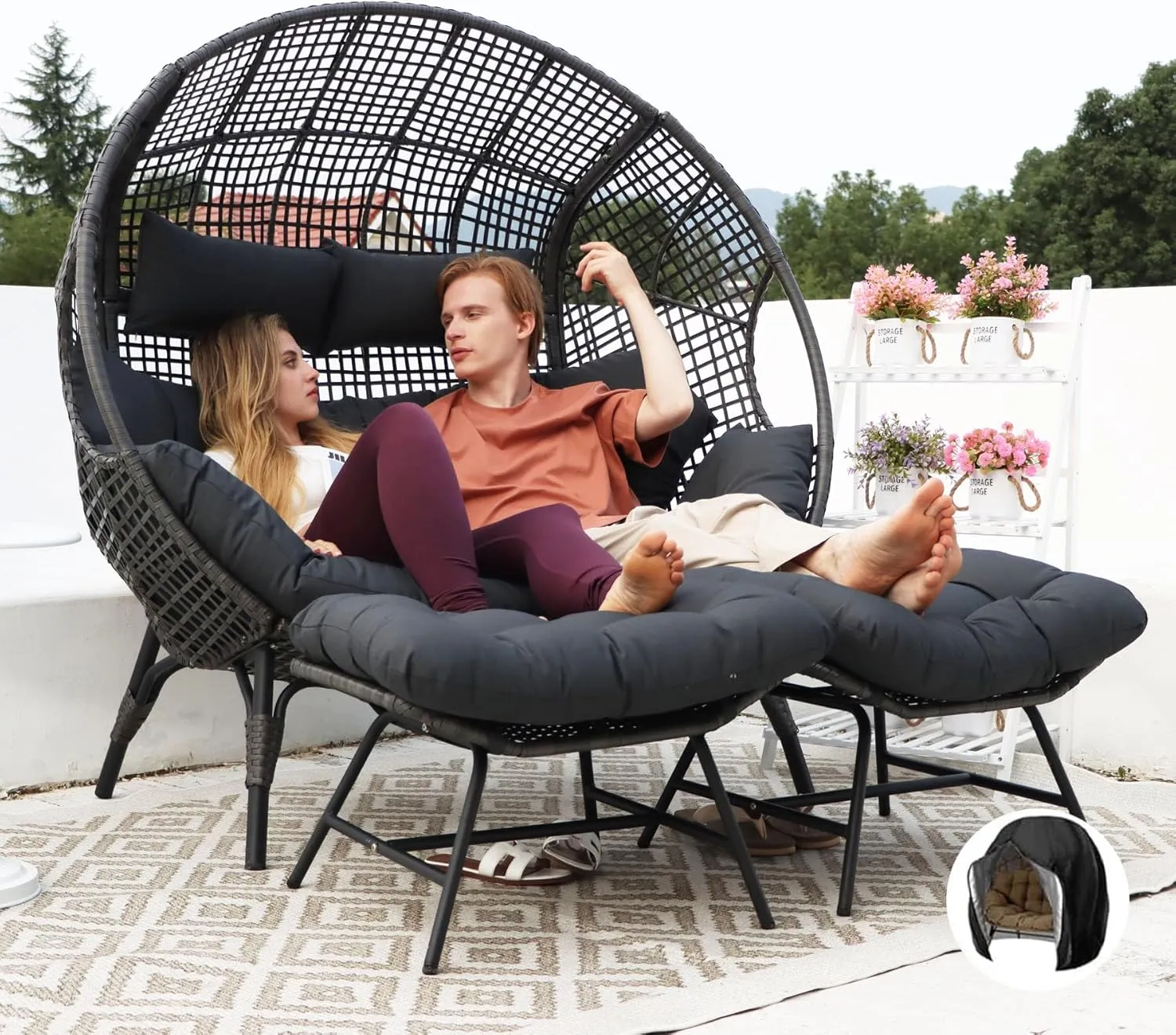 NICESOUL Indoor Outdoor Double Egg Chair with Footrest Padded Cushion, Oversized Wicker Twin Egg Shaped Chair Wide Seater with Ottoman, 2 People Loveseat Gray for Patio Porch Balcony