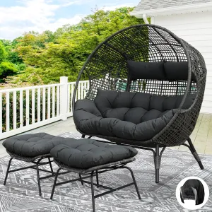 NICESOUL Indoor Outdoor Double Egg Chair with Footrest Padded Cushion, Oversized Wicker Twin Egg Shaped Chair Wide Seater with Ottoman, 2 People Loveseat Gray for Patio Porch Balcony