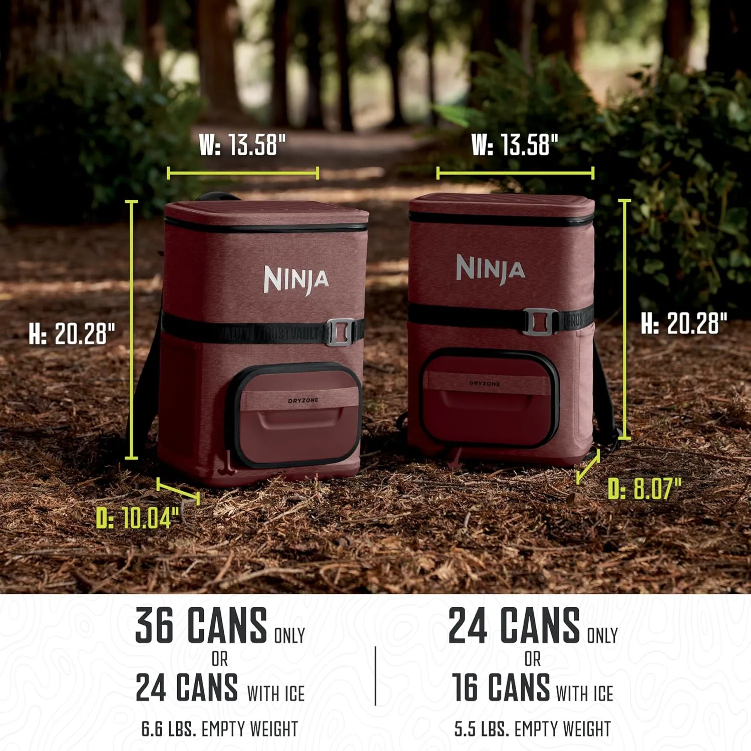 Ninja | Backpack Cooler | FrostVault Go Can Soft Cooler | Leakproof Zipper with Built in Can Opener, 2 Ice Packs & Dry Storage Drawer | for Hiking, Camping & More | 24/36 Can