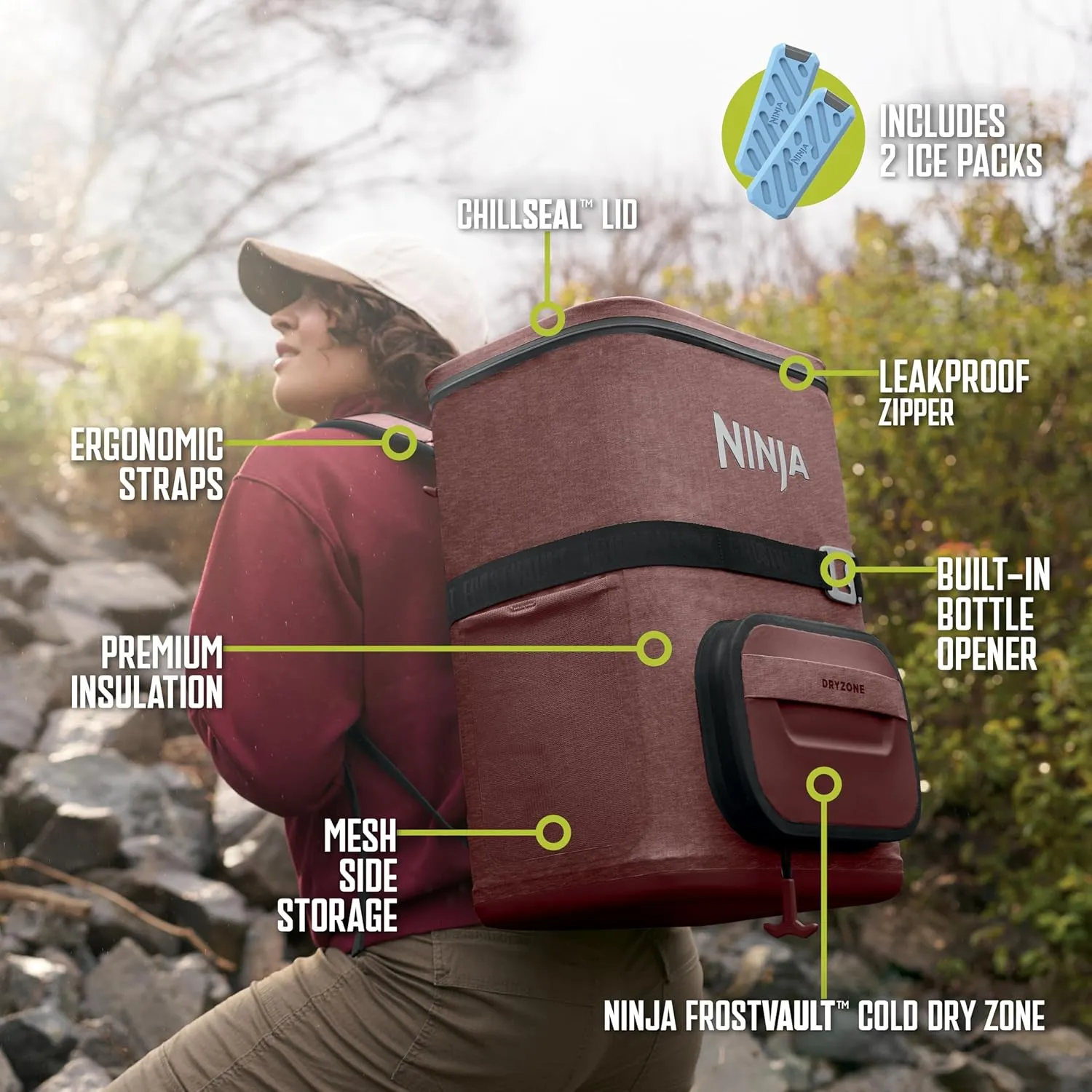 Ninja | Backpack Cooler | FrostVault Go Can Soft Cooler | Leakproof Zipper with Built in Can Opener, 2 Ice Packs & Dry Storage Drawer | for Hiking, Camping & More | 24/36 Can