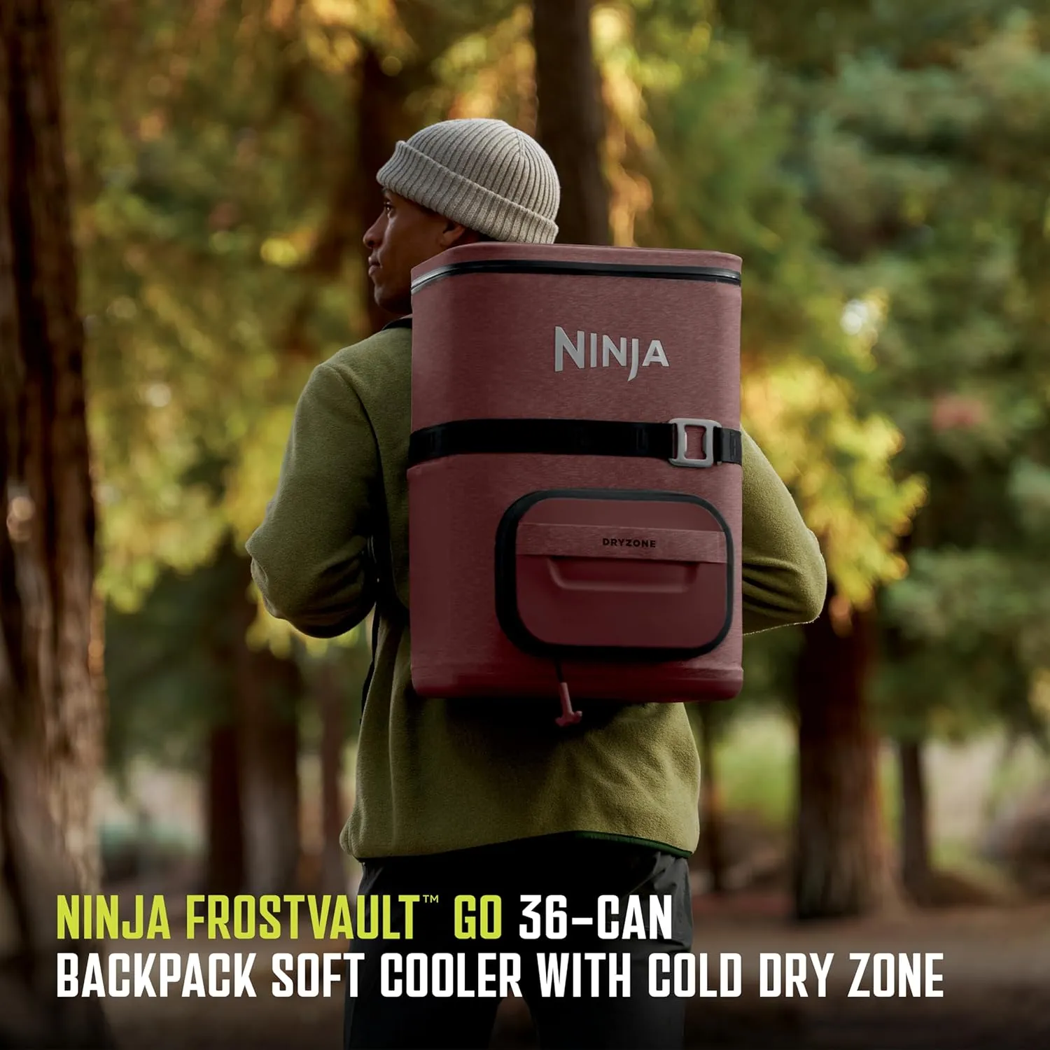 Ninja | Backpack Cooler | FrostVault Go Can Soft Cooler | Leakproof Zipper with Built in Can Opener, 2 Ice Packs & Dry Storage Drawer | for Hiking, Camping & More | 24/36 Can