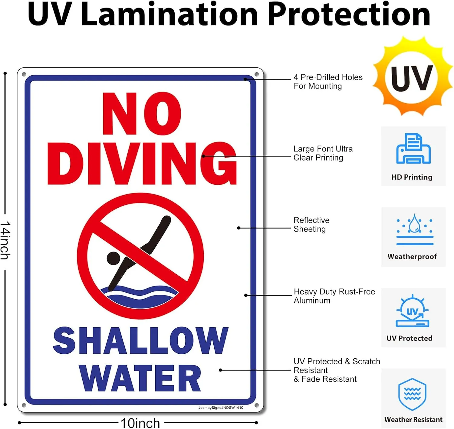 No Diving Pool Sign, No Diving Sign Shallow Water, 2Pack -14"x10"Engineer Grade Rust Free Reflective Aluminum, Fade Resistant, UV Protected, Weatherproof, Easy to Mount