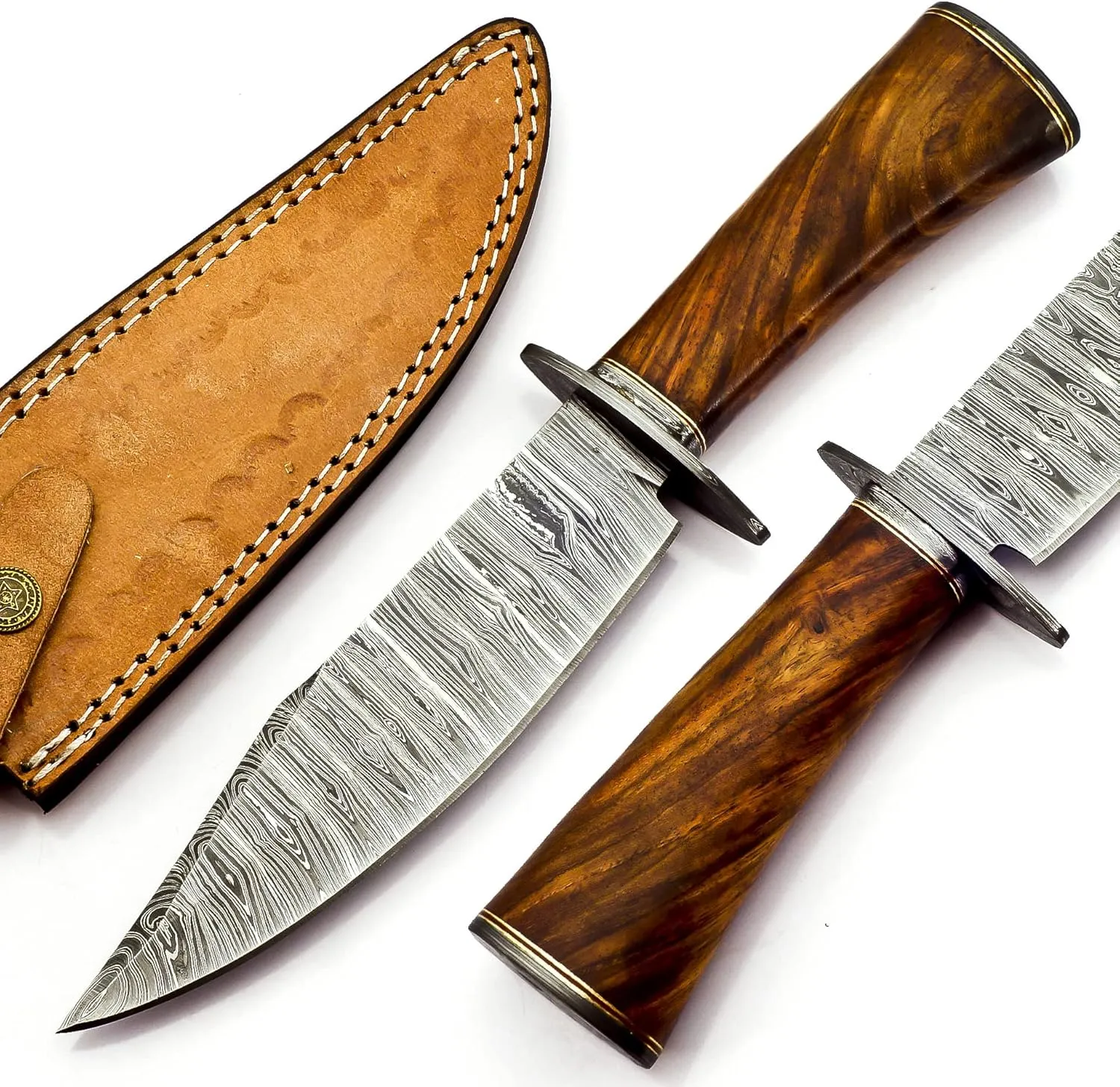 Nooraki BK-348 Handmade Damascus Steel Fixed Blade Bowie Knife with Leather Sheath, Multipurpose Knife Rosewood Handle with Damascus guard for Everyday Carry, Camping, Hunting, 12 Lengt