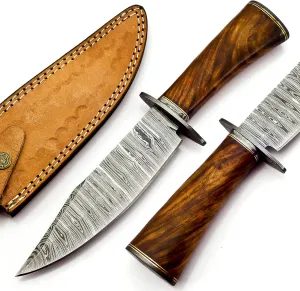 Nooraki BK-348 Handmade Damascus Steel Fixed Blade Bowie Knife with Leather Sheath, Multipurpose Knife Rosewood Handle with Damascus guard for Everyday Carry, Camping, Hunting, 12 Lengt