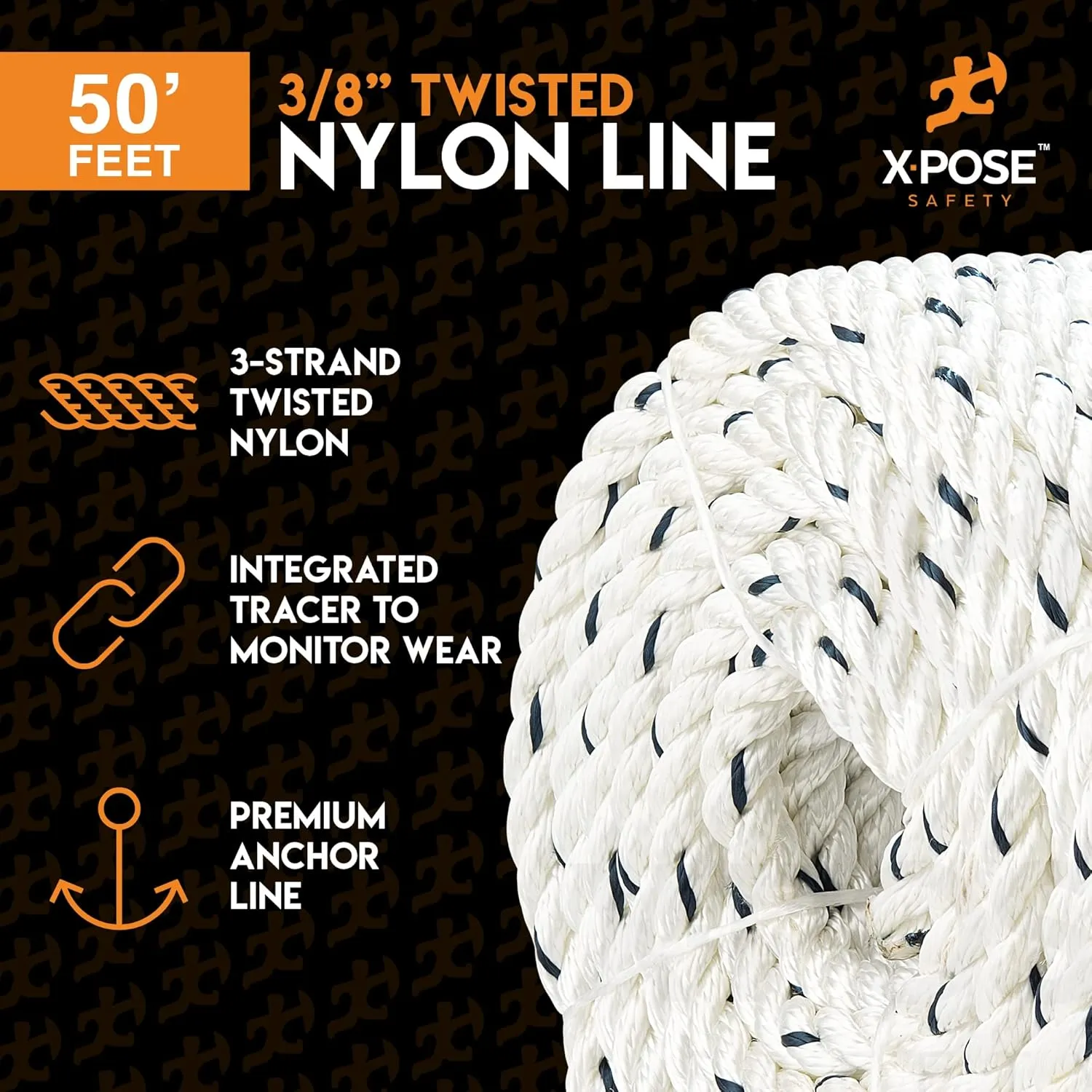 Nylon Poly Rope - Polyester & Nylon - Up to 10x Stronger Compared Natural Fiber or Polypropylene Rope - 3 Strand Braided - Low Stretch Indoor/Outdoor Cord Line (White - Pack of 1, 3/8" 50 Ft)
