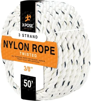 Nylon Poly Rope - Polyester & Nylon - Up to 10x Stronger Compared Natural Fiber or Polypropylene Rope - 3 Strand Braided - Low Stretch Indoor/Outdoor Cord Line (White - Pack of 1, 3/8" 50 Ft)
