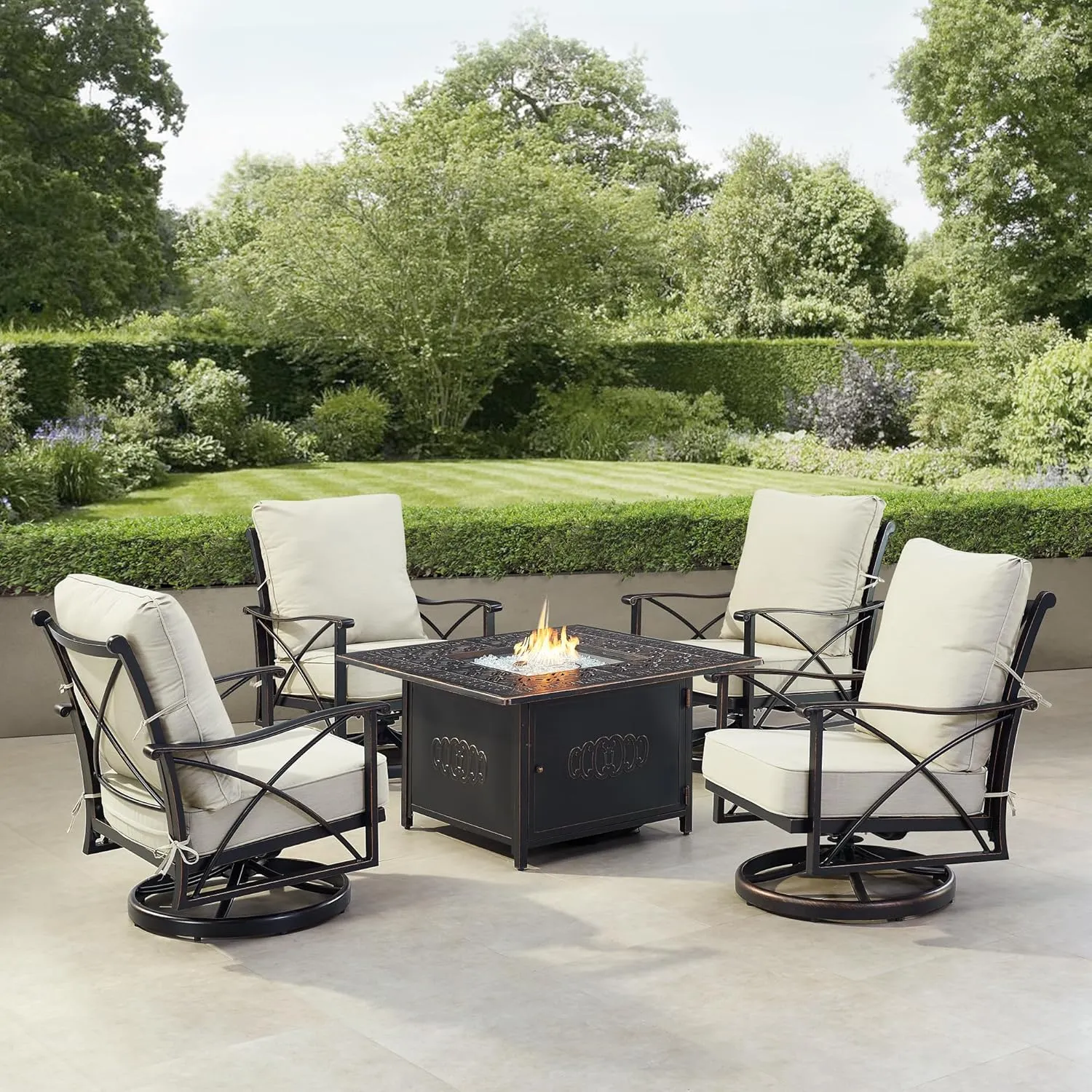 Oakland Living AHRI-4CH-RONIN-LGCU-AC Black Aluminum Patio Fire Table Set with Four Club Chairs, Antique Copper