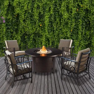 Oakland Living Aluminum 44-in Round Antique Copper Fire Table Set with Four Deep Seating Rocking Chairs, Fire Beads, Lid, Propane Tank Cover and Table Fabric Covers