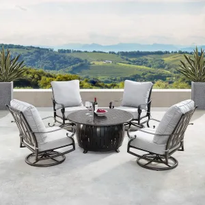 Oakland Living Aluminum 44 in. Round Fire Table Set with Four Deep Swivel Rockers, Fire Beads, Lid and Fabric Covers