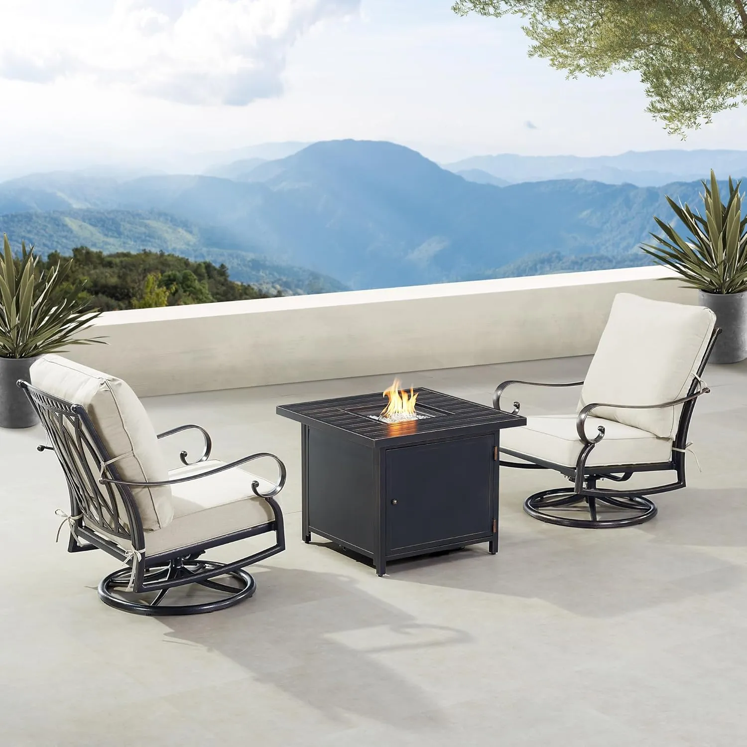 Oakland Living RICA-2CH-CHOLULA-LGCU-AC Black Aluminum Patio Fire Table Bistro Set with Two Club Chairs, Antique Copper