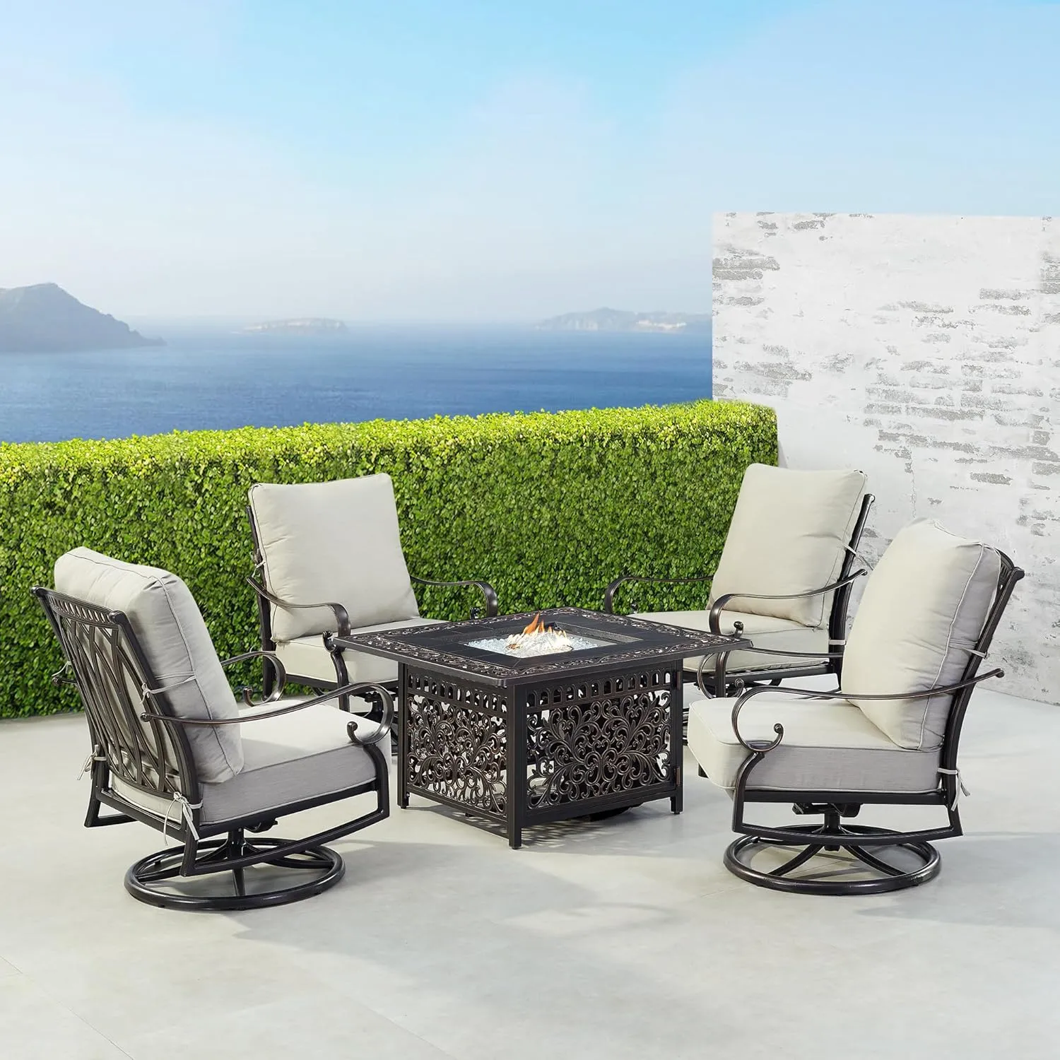 Oakland Living RICA-4CH-MAYAN-LGCU-AC Black Aluminum Patio Fire Table Set with Four Club Chairs, Antique Copper