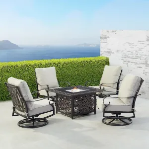 Oakland Living RICA-4CH-MAYAN-LGCU-AC Black Aluminum Patio Fire Table Set with Four Club Chairs, Antique Copper