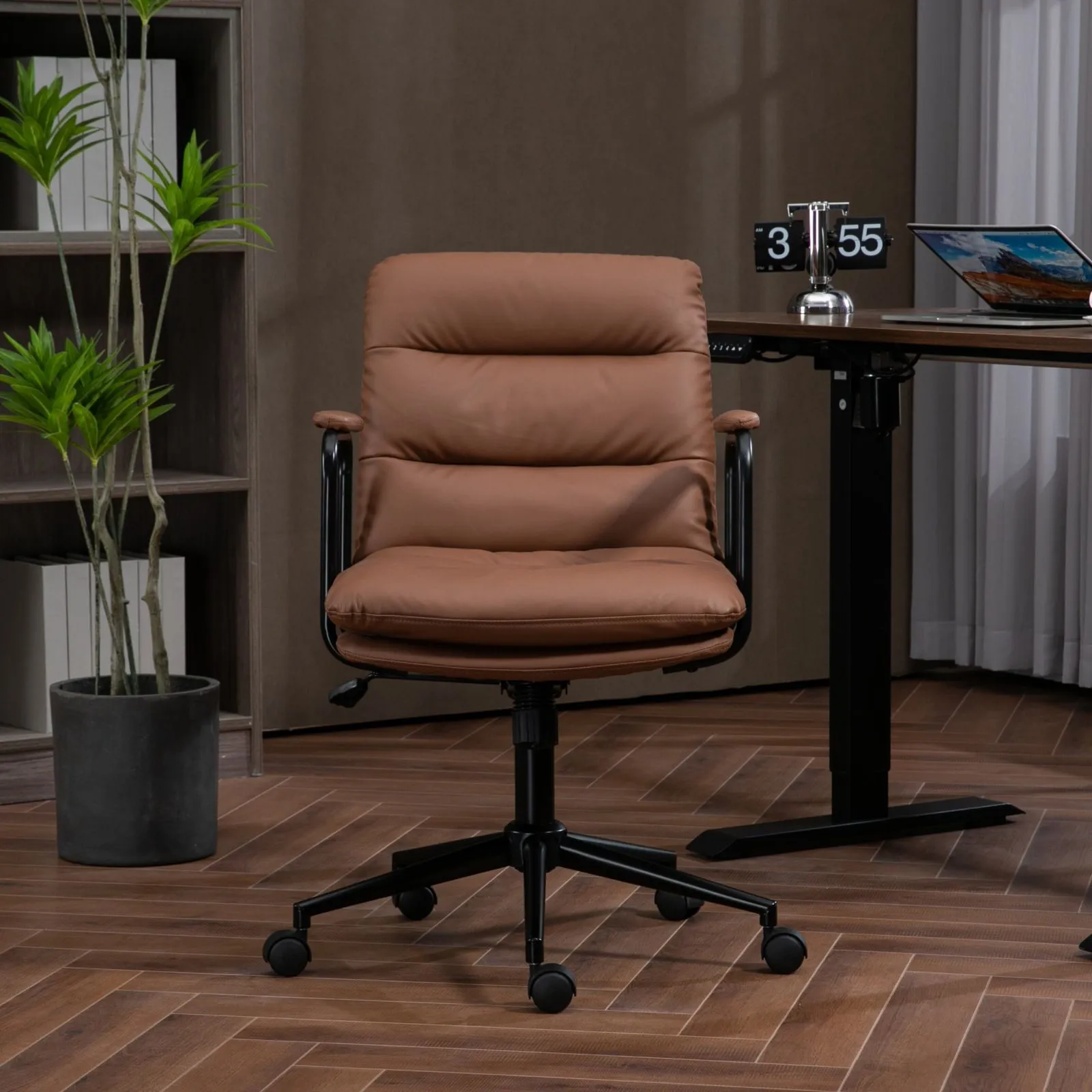 Office Chair, Mid Back Home Office Desk Task Chair With Wheels And Arms Ergonomic PU Leather Computer Rolling Swivel Chair With Padded Armrest