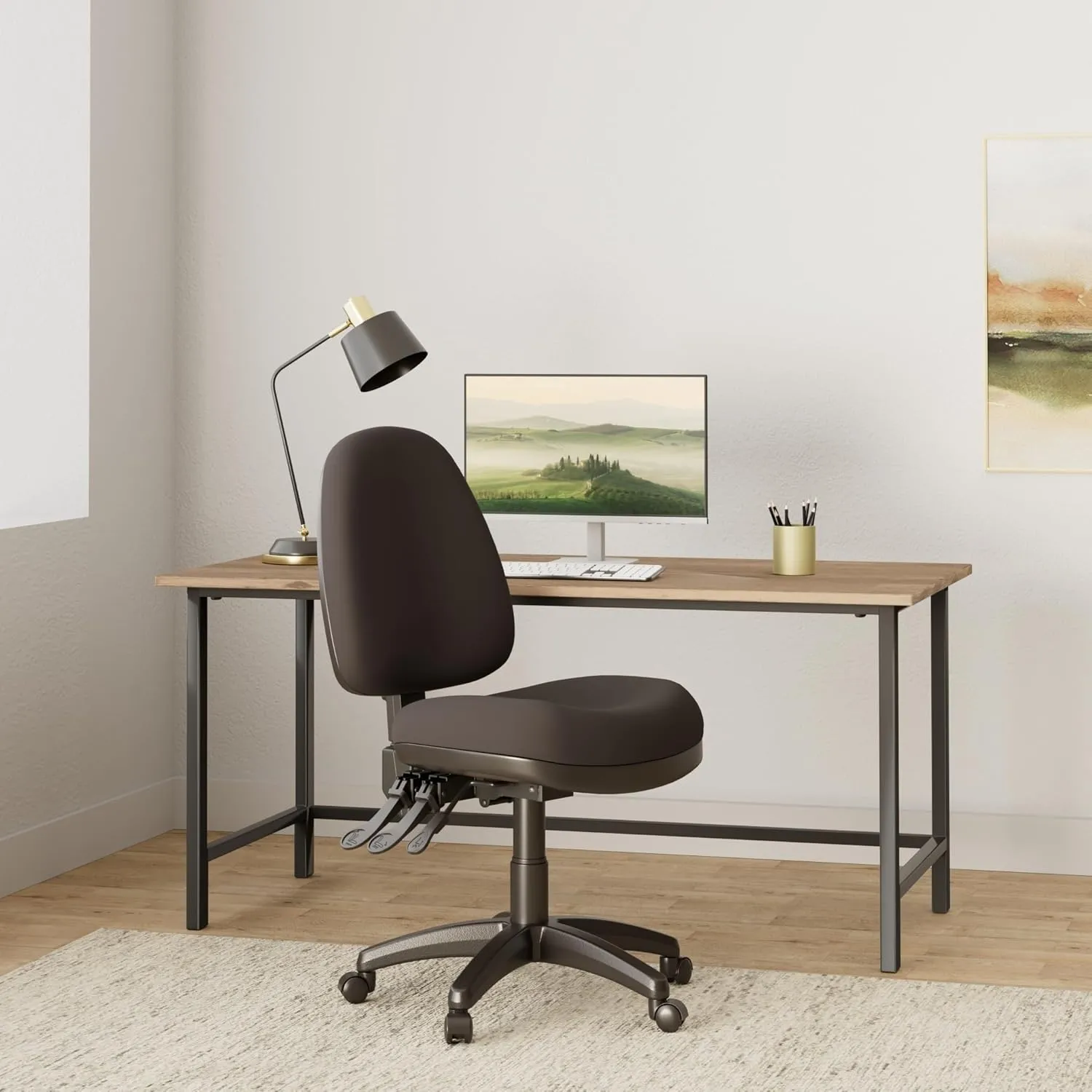 Office Star Ergonomic Dual Function Office Task Chair with Adjustable Padded Back and Built-in Lumbar Support, Armless, Dillon Black Fabric