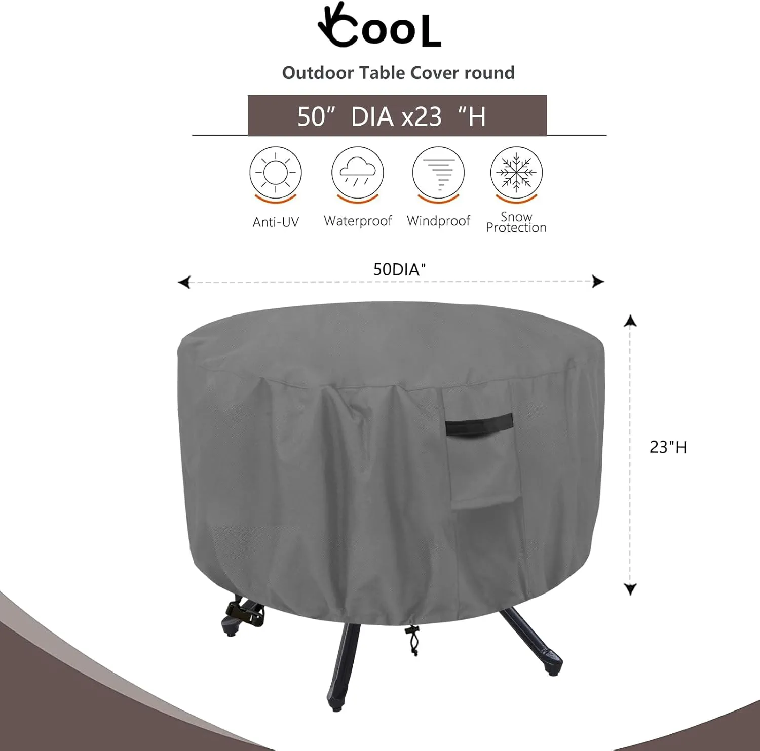okcool Round Patio Table Cover, 100% Waterproof Round Outdoor Furniture Covers, UV Resistant 600D Tough Canvas (50" Dia x 23" H),Grey