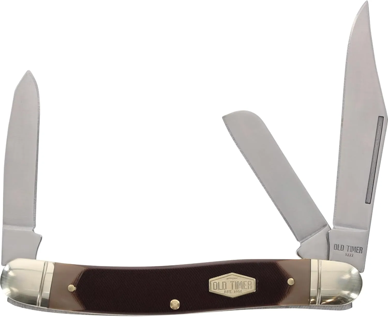 Old Timer 8OT Senior 6.9in S.S. Traditional Folding Knife with 3in Clip Point, Sheepsfoot, Spey Blade and Sawcut Handle for Outdoor, Hunting, Camping and EDC