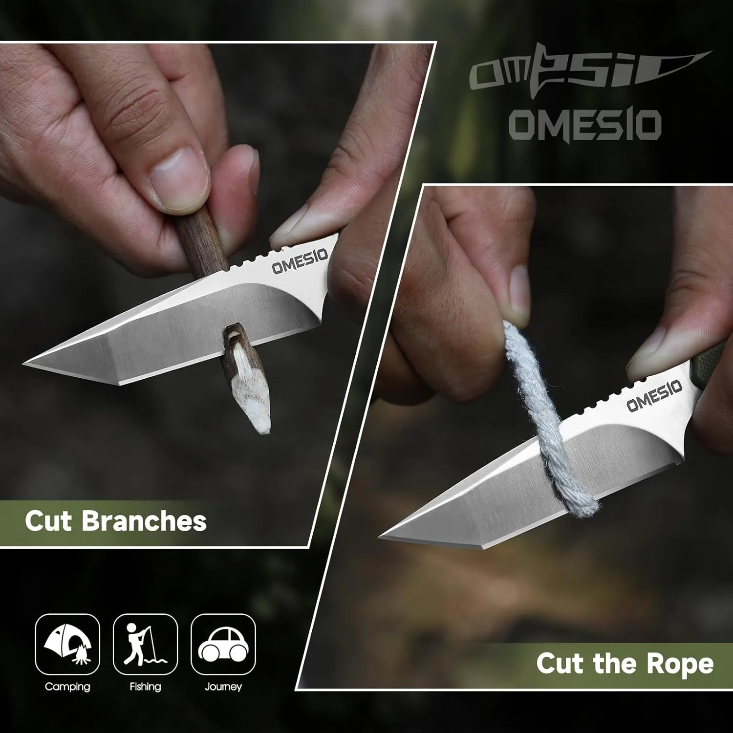 Omesio Neck Knife, Tanto Neck Knife with Sheath and Necklace, Full Tang 6” Small Fixed Blade with Kydex Sheath and Clip, Mini Tactical EDC D2 Steel G10 Handle (White Steel  Green Handle)