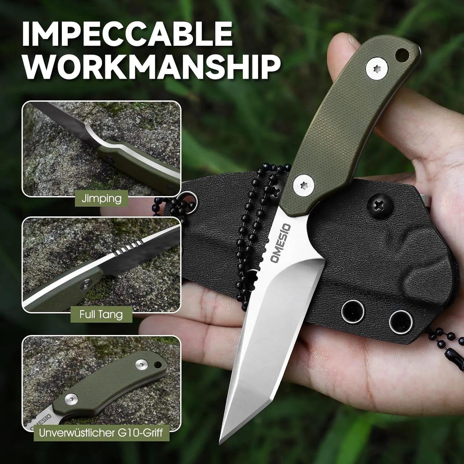 Omesio Neck Knife, Tanto Neck Knife with Sheath and Necklace, Full Tang 6” Small Fixed Blade with Kydex Sheath and Clip, Mini Tactical EDC D2 Steel G10 Handle (White Steel  Green Handle)