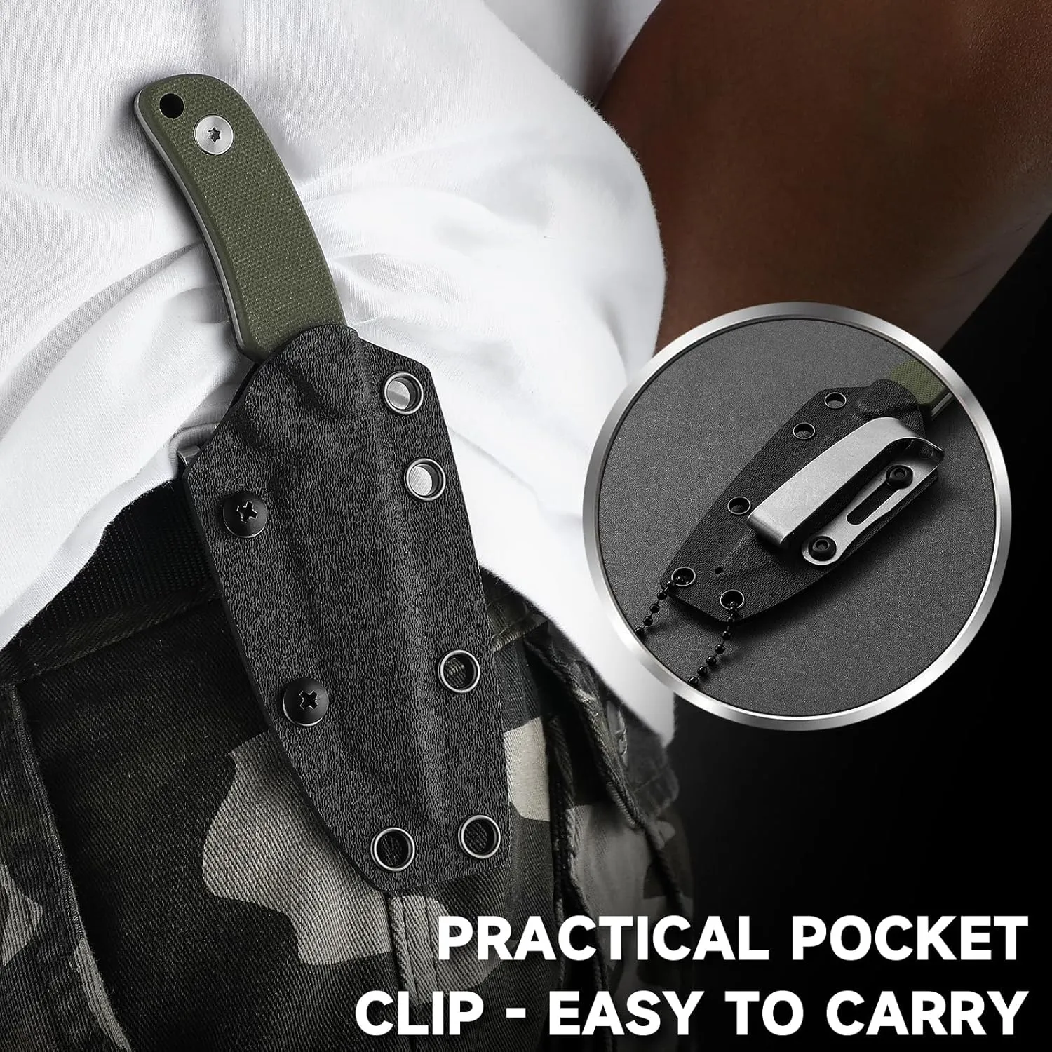 Omesio Neck Knife, Tanto Neck Knife with Sheath and Necklace, Full Tang 6” Small Fixed Blade with Kydex Sheath and Clip, Mini Tactical EDC D2 Steel G10 Handle (White Steel  Green Handle)