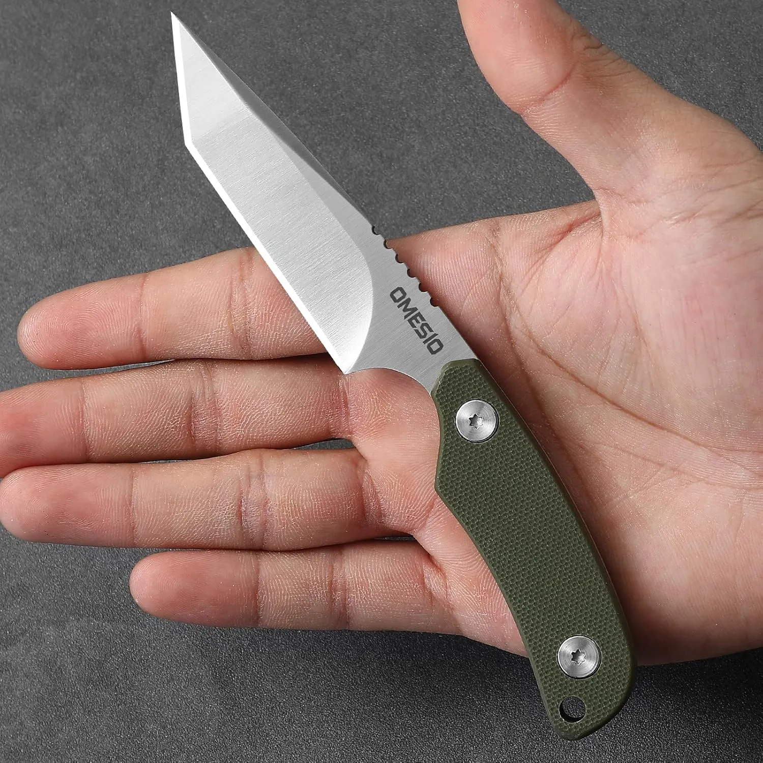 Omesio Neck Knife, Tanto Neck Knife with Sheath and Necklace, Full Tang 6” Small Fixed Blade with Kydex Sheath and Clip, Mini Tactical EDC D2 Steel G10 Handle (White Steel  Green Handle)