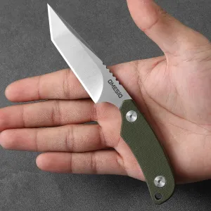 Omesio Neck Knife, Tanto Neck Knife with Sheath and Necklace, Full Tang 6” Small Fixed Blade with Kydex Sheath and Clip, Mini Tactical EDC D2 Steel G10 Handle (White Steel  Green Handle)