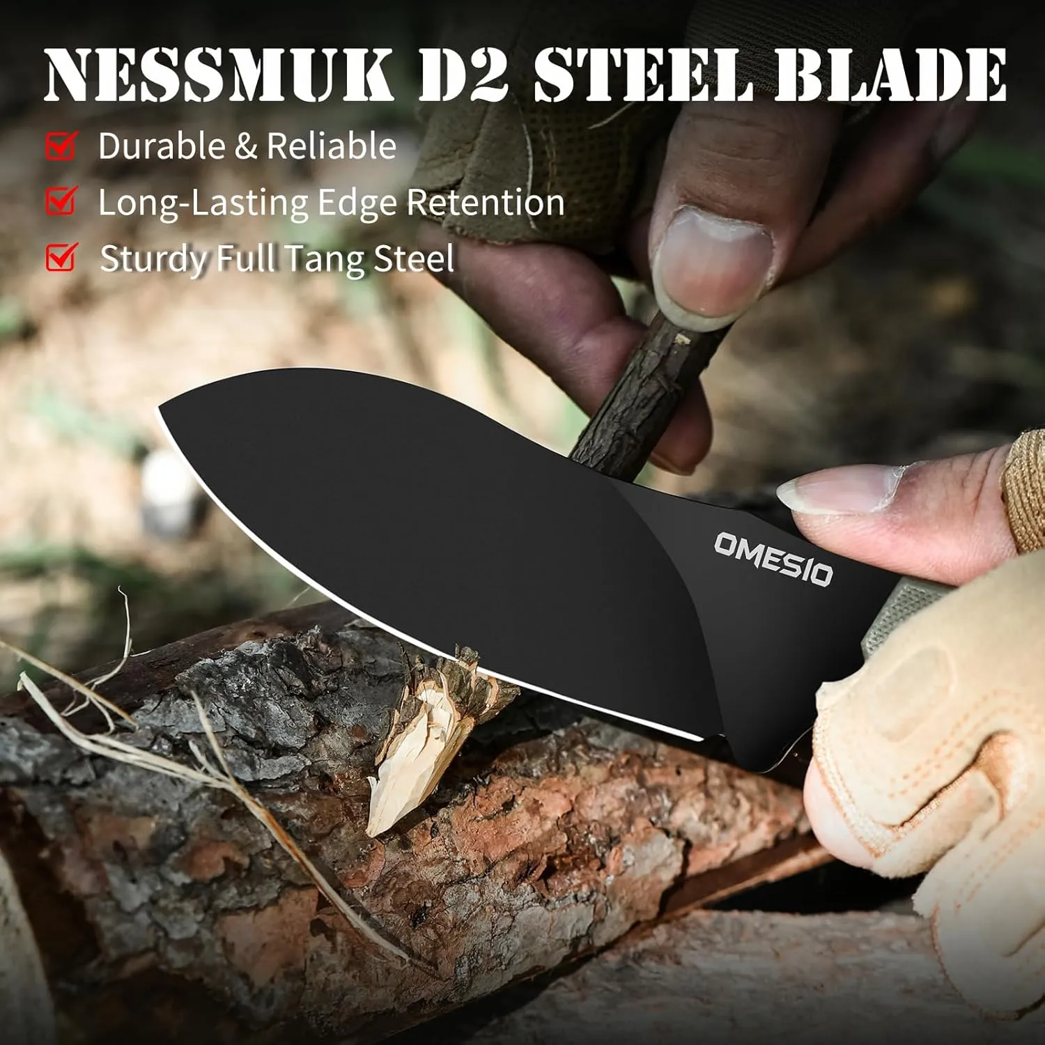 Omesio Nessmuk Hunting Knife Fixed Blade Knife with Kydex Sheath, 8.86” Full Tang D2 Steel Ergonomic G10 Handle Horizontal Carry Camping Outdoor knife, Perfect Gifts for Men