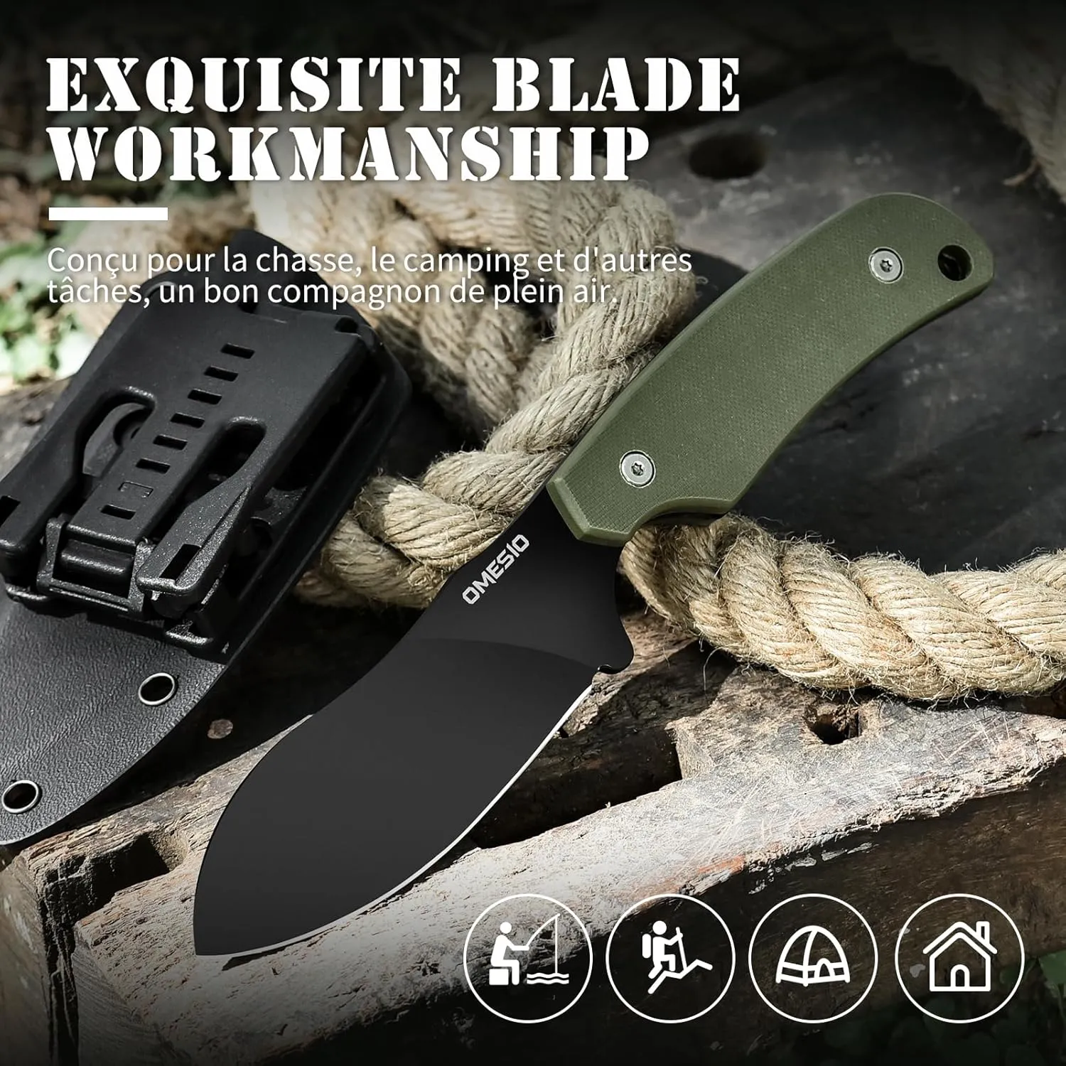 Omesio Nessmuk Hunting Knife Fixed Blade Knife with Kydex Sheath, 8.86” Full Tang D2 Steel Ergonomic G10 Handle Horizontal Carry Camping Outdoor knife, Perfect Gifts for Men