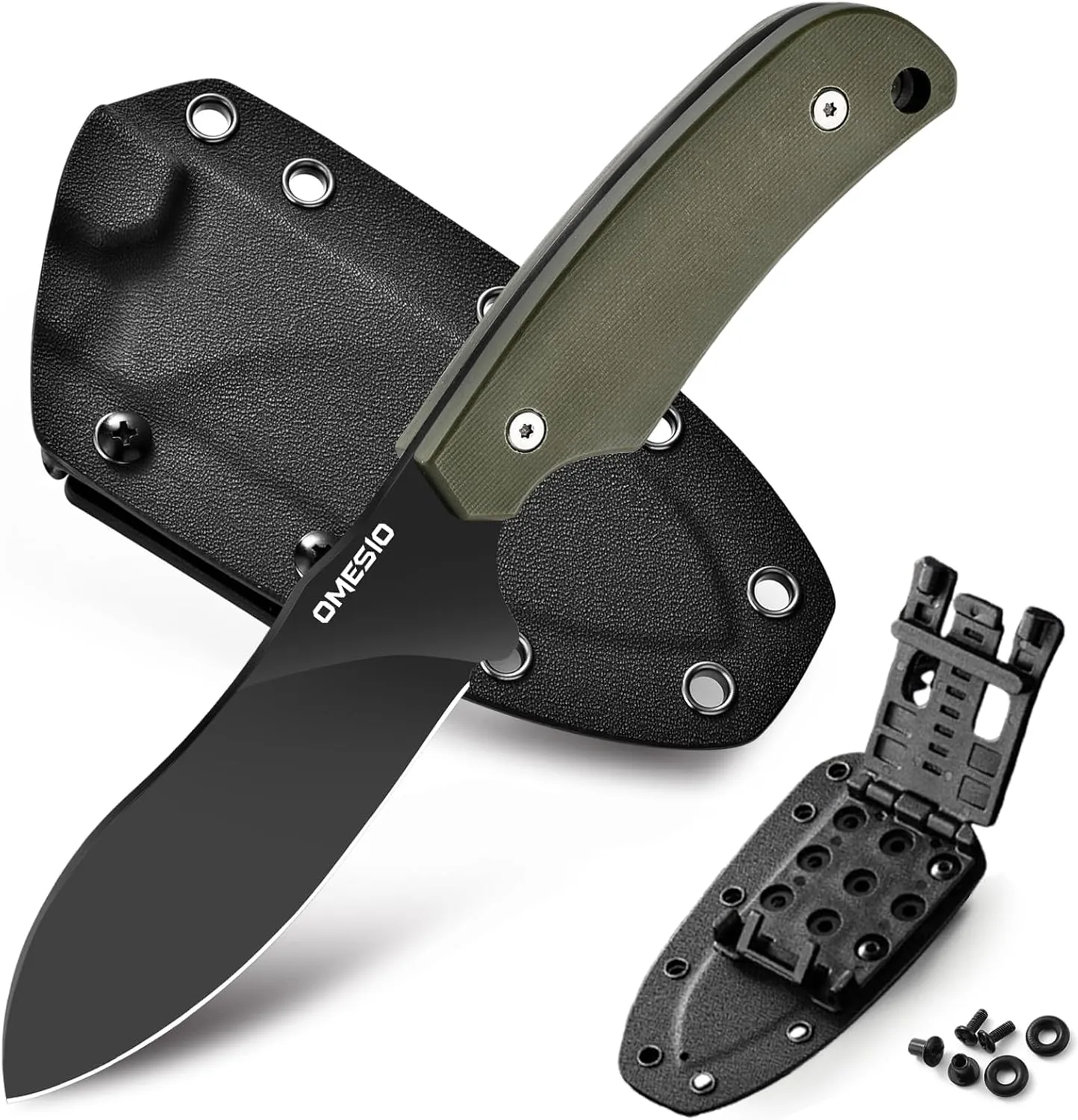 Omesio Nessmuk Hunting Knife Fixed Blade Knife with Kydex Sheath, 8.86” Full Tang D2 Steel Ergonomic G10 Handle Horizontal Carry Camping Outdoor knife, Perfect Gifts for Men