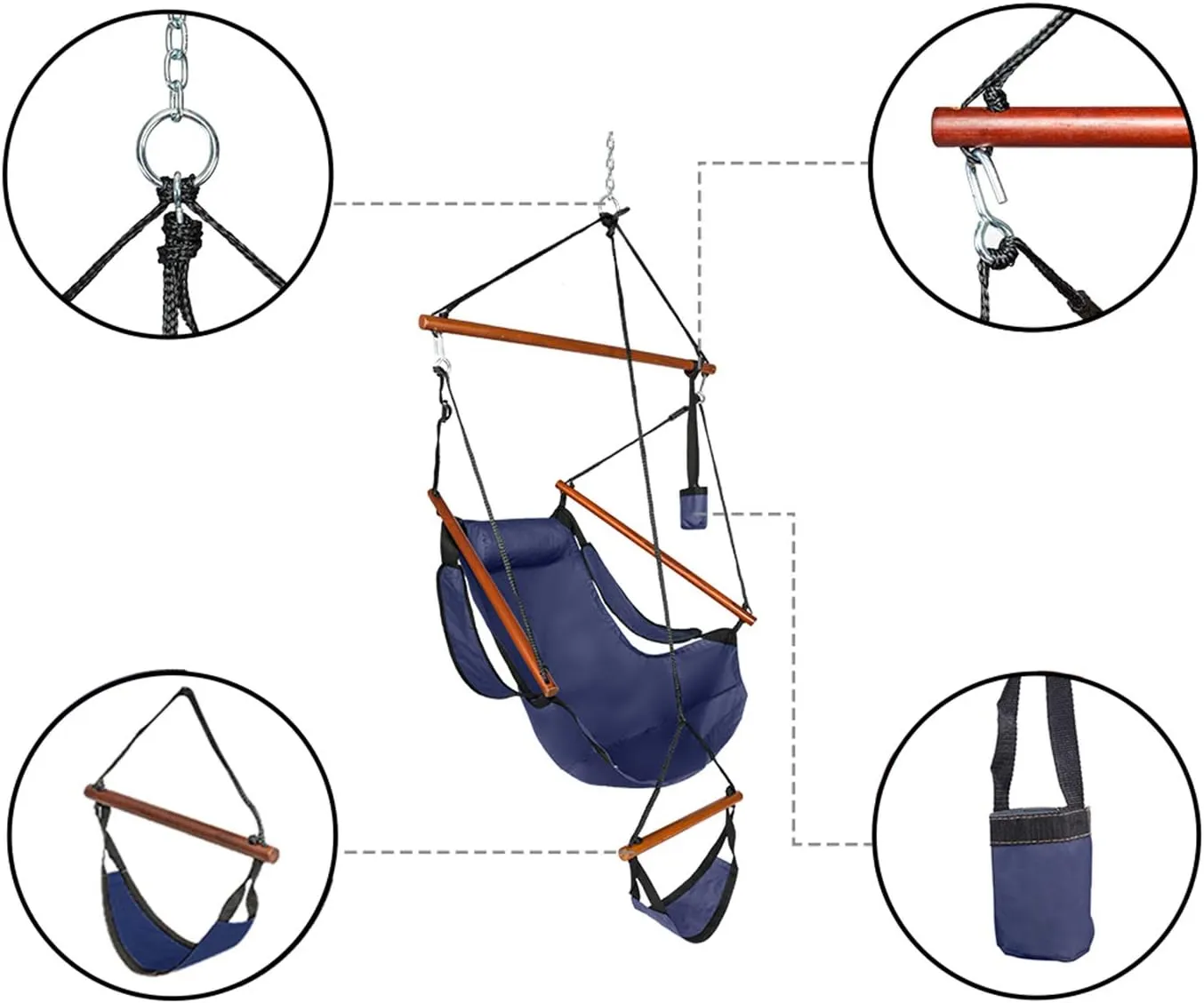 ONCLOUD Sky Chair, Deluxe Hanging Hammock Air Chair Swing Seat with Pillow, Drink Holder, Solid Wood Weather Resistant for Indoor/Outdoor Yard Garden Tree Patio Porch, 250 LBS (Navy Blue)