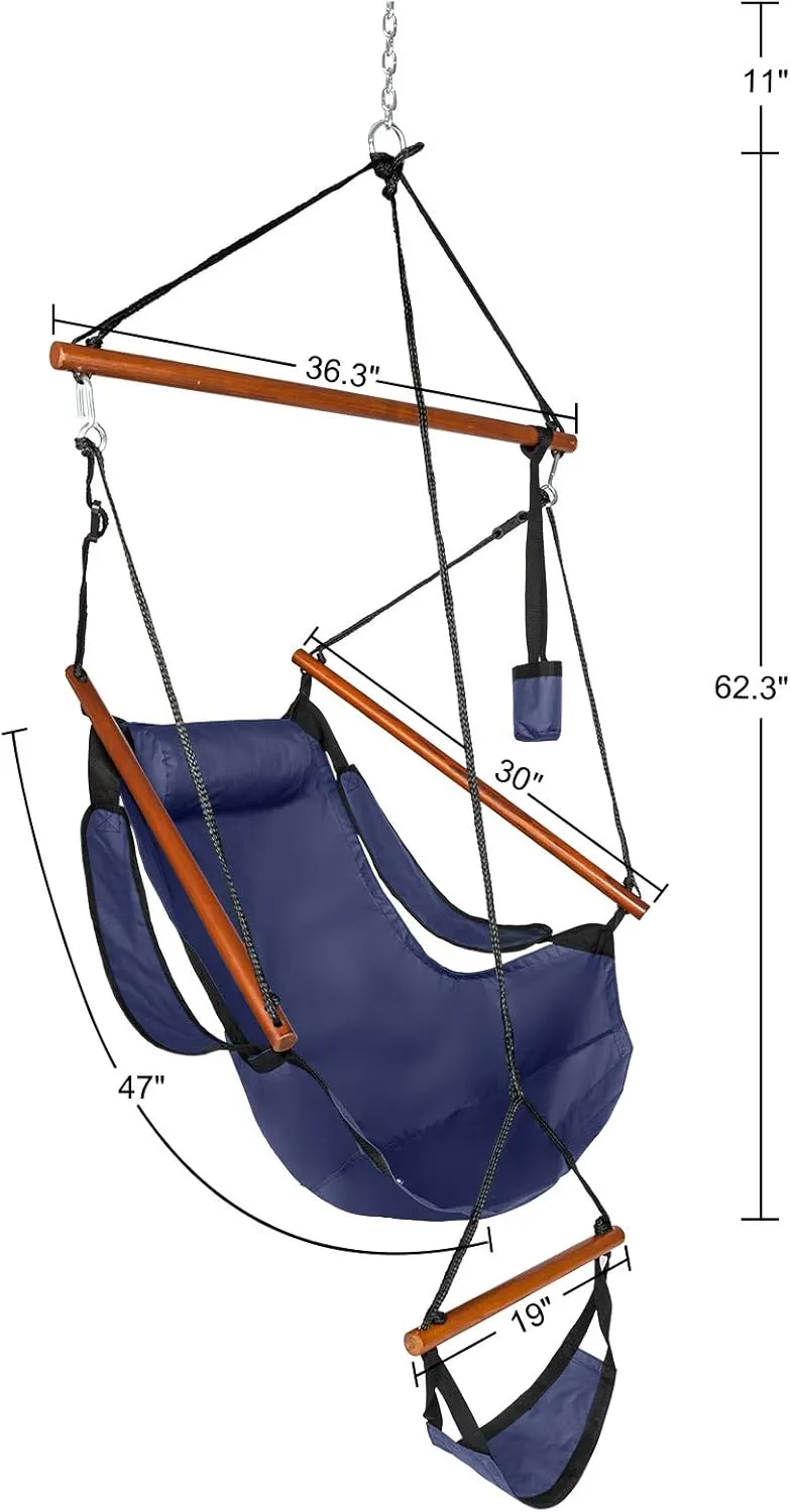ONCLOUD Sky Chair, Deluxe Hanging Hammock Air Chair Swing Seat with Pillow, Drink Holder, Solid Wood Weather Resistant for Indoor/Outdoor Yard Garden Tree Patio Porch, 250 LBS (Navy Blue)