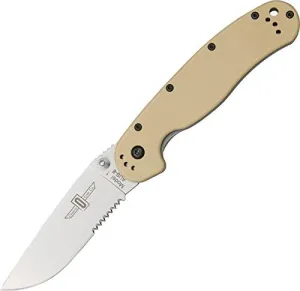 Ontario Knife Company Rat I, Satin AUS-8 Stainless Steel Half Serrated Folding Pocket Knife, Desert Tan Nylon Handle Liner Lock Knife, Everyday Carry Knife – ON8849DT