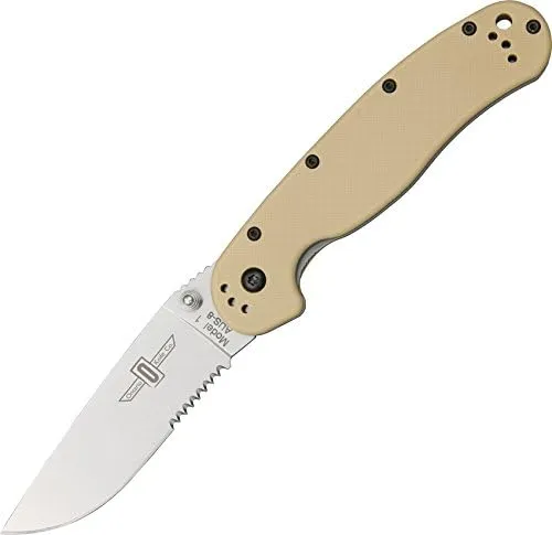 Ontario Knife Company Rat I, Satin AUS-8 Stainless Steel Half Serrated Folding Pocket Knife, Desert Tan Nylon Handle Liner Lock Knife, Everyday Carry Knife – ON8849DT