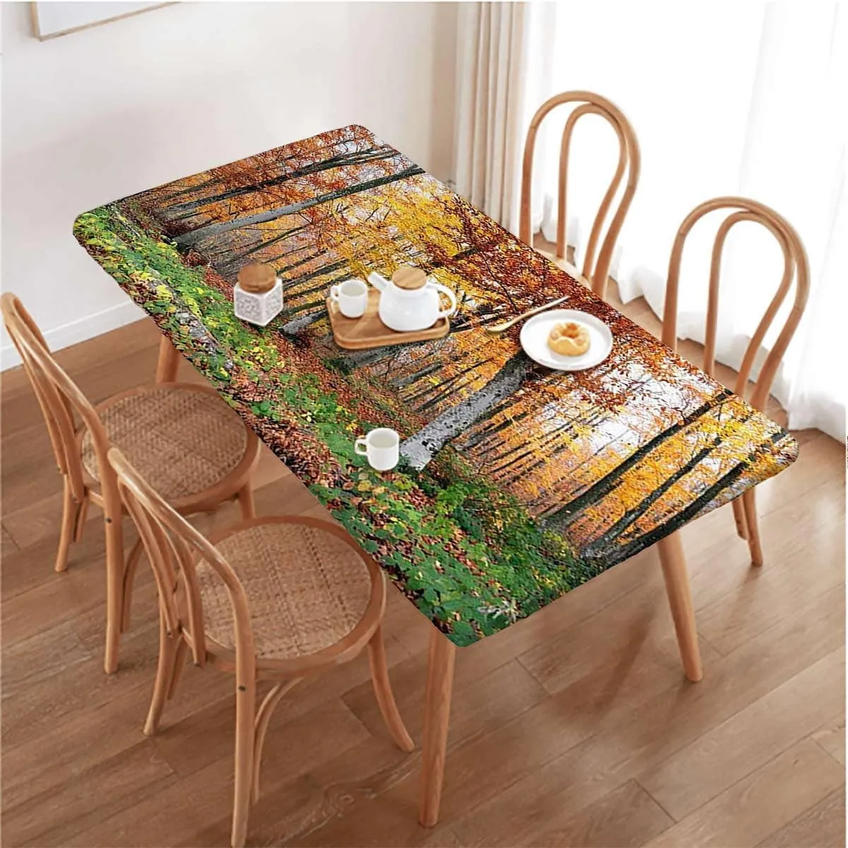 OOzie Green Yellow Fitted Table Cover for Square Tables Fall Autumn Forest Vibrant Trees Print Elastic Edged Table Cover for Indoor Outdoor Patio Picnic Autumn Leaves Fits up 4 Foot Tables