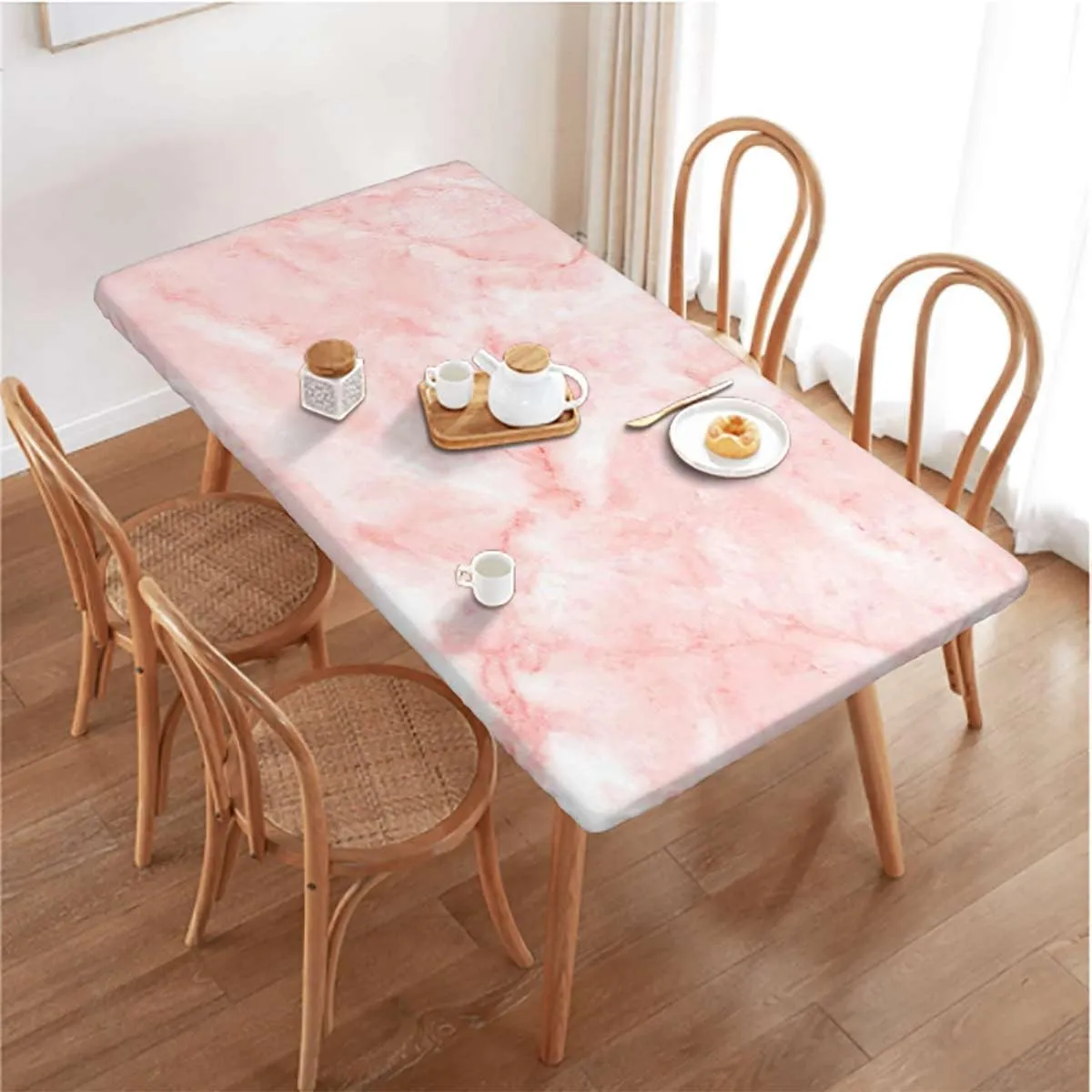 OOzie Pale Pink White Tablecloth for Folding Table Marble Murky Gemstone Scratches Elastic Edged Table Cover for Farm Kitchen Dining Picnic Coffee Patio Decor Abstract Fits up 5 Foot Tables