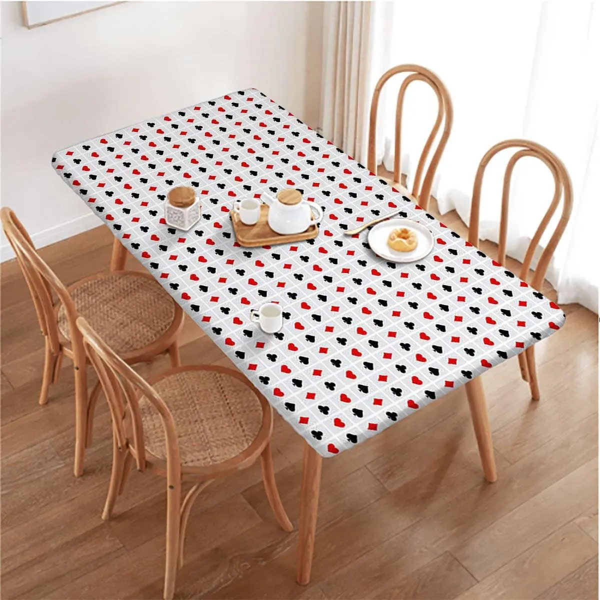 OOzie Red Black Rectangle Elastic Fitted Tablecloth Poker Cards Holidays Getaways Tourist Dining Room Table- Machine Washable Table Cover Protector Casino Fits up 4 Foot Tables