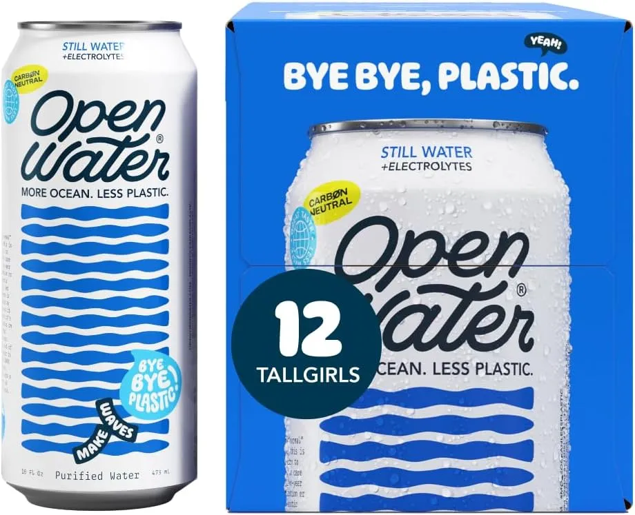Open Water Still 16oz Tallgirl (1 case, 12 cans) - Sustainable Aluminum Canned Still Water With Electrolytes - 7.0 pH Balanced BPA-Free Ultra-Purified Water