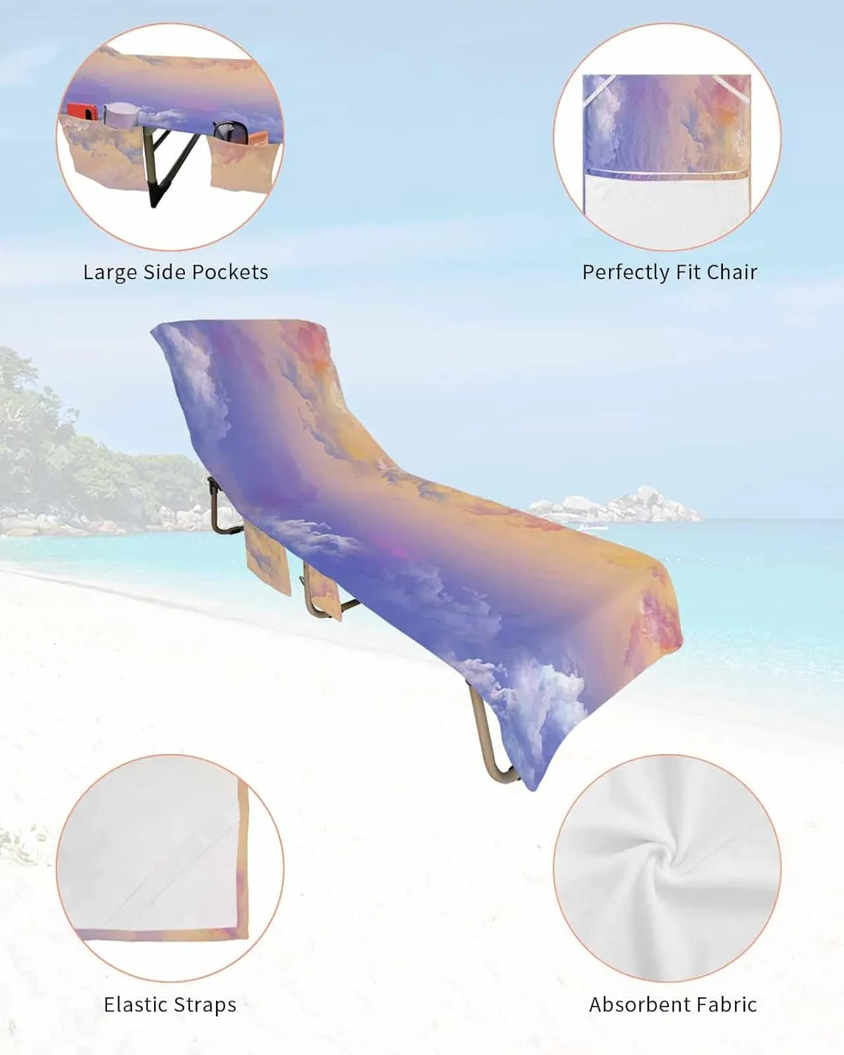 Orange Purple Ombre Clouds Chaise Lounger Cover with Pockets, Pool Lounge Chair Covers 85"x29", Sunset Sky Microfiber Beach Chair Cover for Outdoor Patio Sunbathing