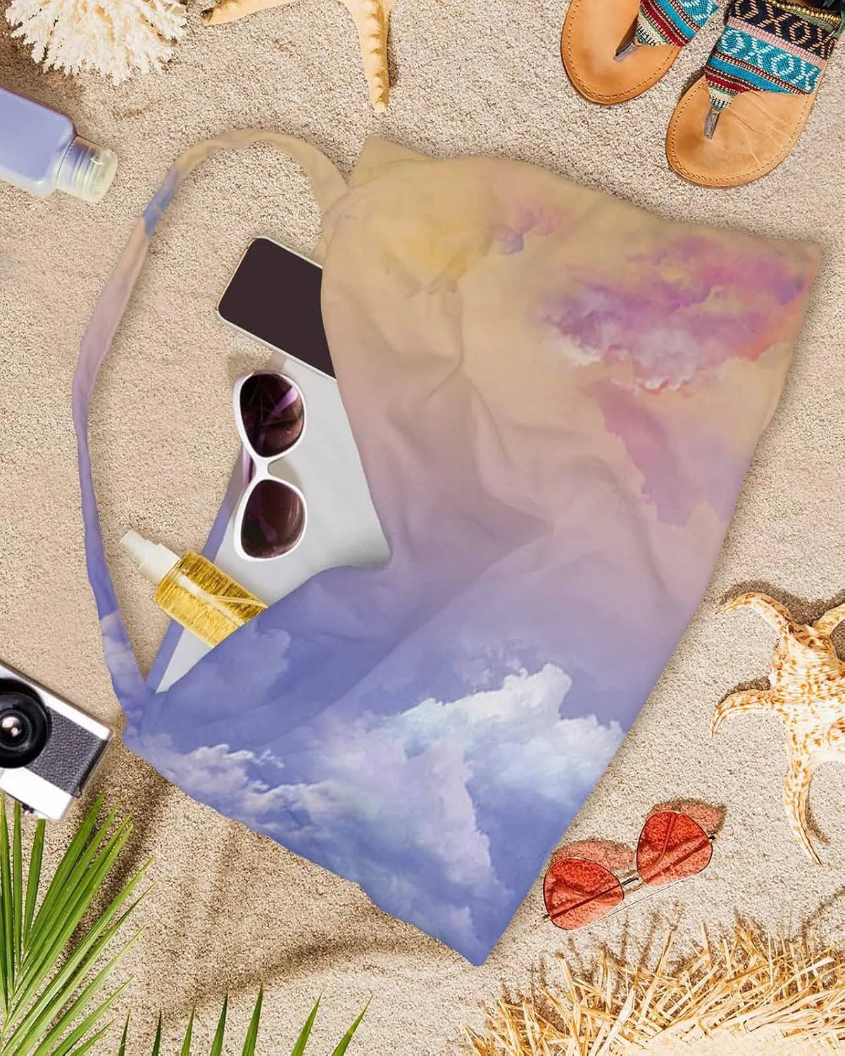 Orange Purple Ombre Clouds Chaise Lounger Cover with Pockets, Pool Lounge Chair Covers 85"x29", Sunset Sky Microfiber Beach Chair Cover for Outdoor Patio Sunbathing