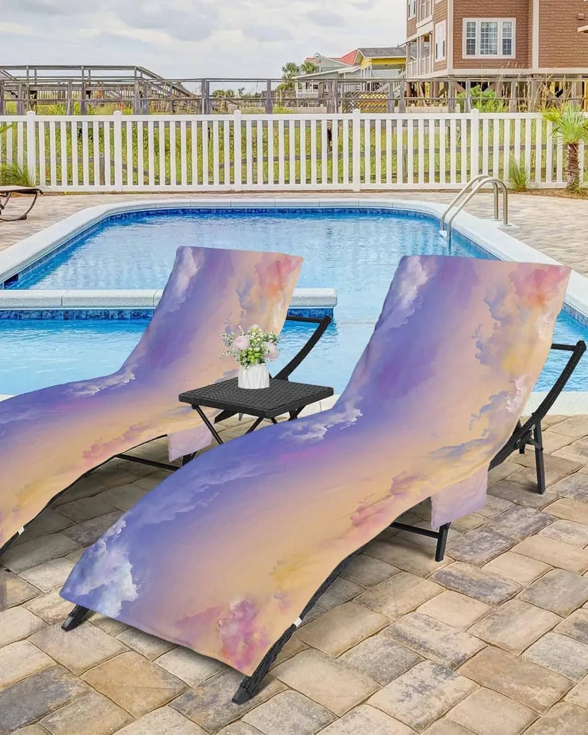 Orange Purple Ombre Clouds Chaise Lounger Cover with Pockets, Pool Lounge Chair Covers 85"x29", Sunset Sky Microfiber Beach Chair Cover for Outdoor Patio Sunbathing